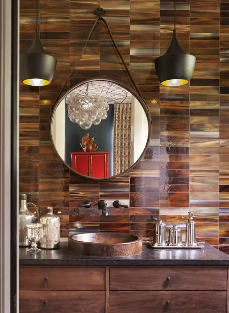 Gorgeous powder room with shiny subway tile