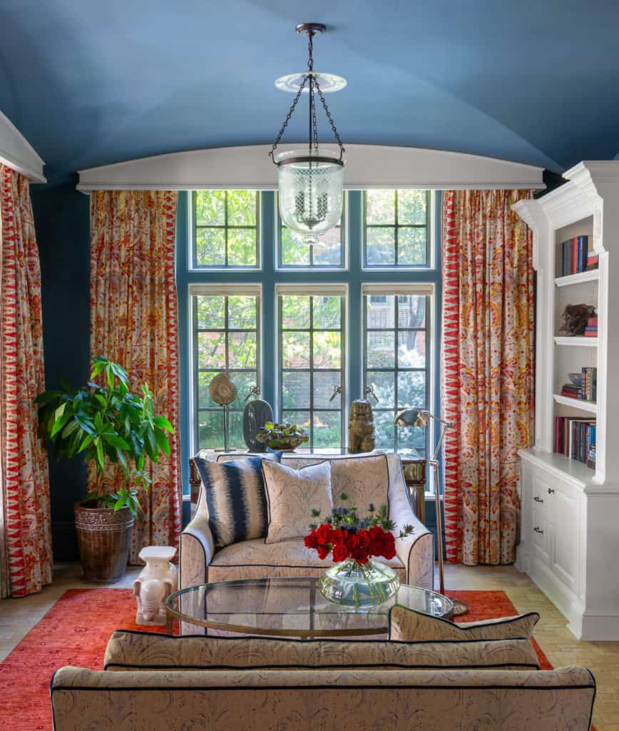 Decorating with patterned draperies and a blue ceiling for Modern Traditional Interior Design