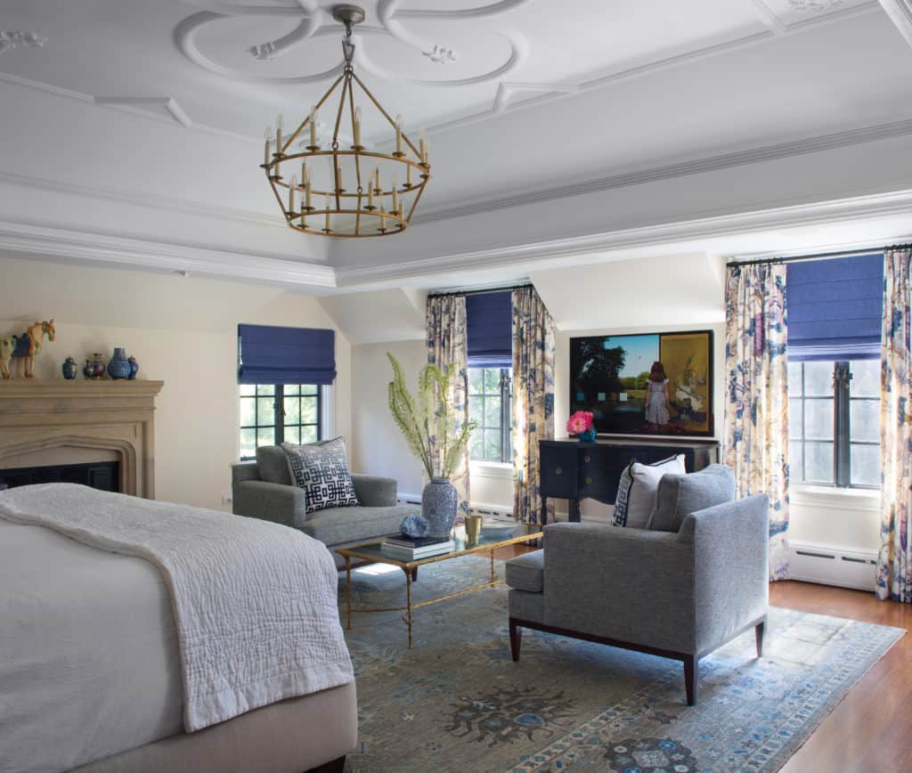 modern traditional room design with chandelier in Master Sitting Area by denver interior designer
