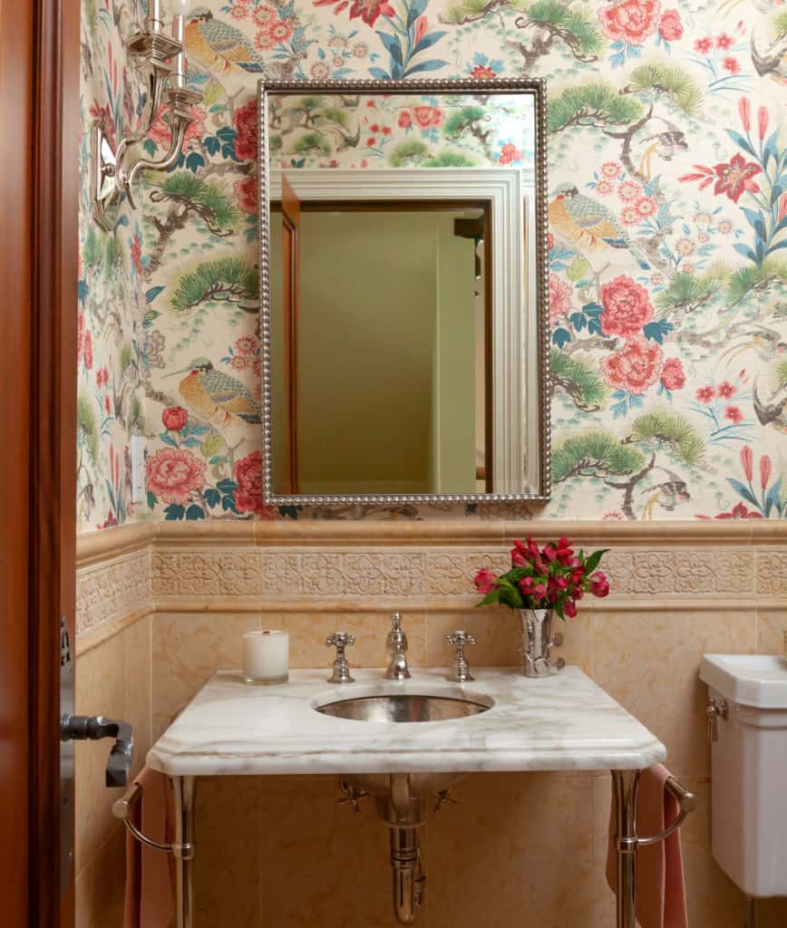 Artsy powder room wallpaper is simply striking in Historic Home Renovation