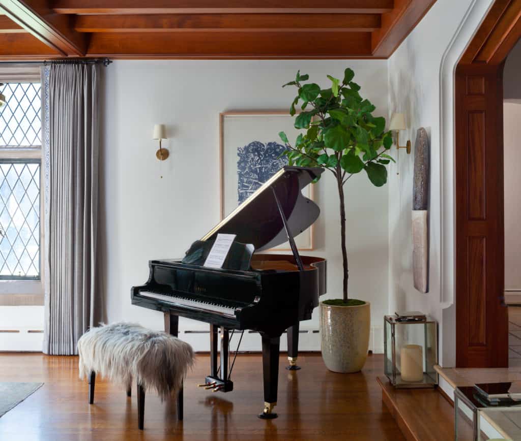 modern traditional interior design piano room in renovated country club home