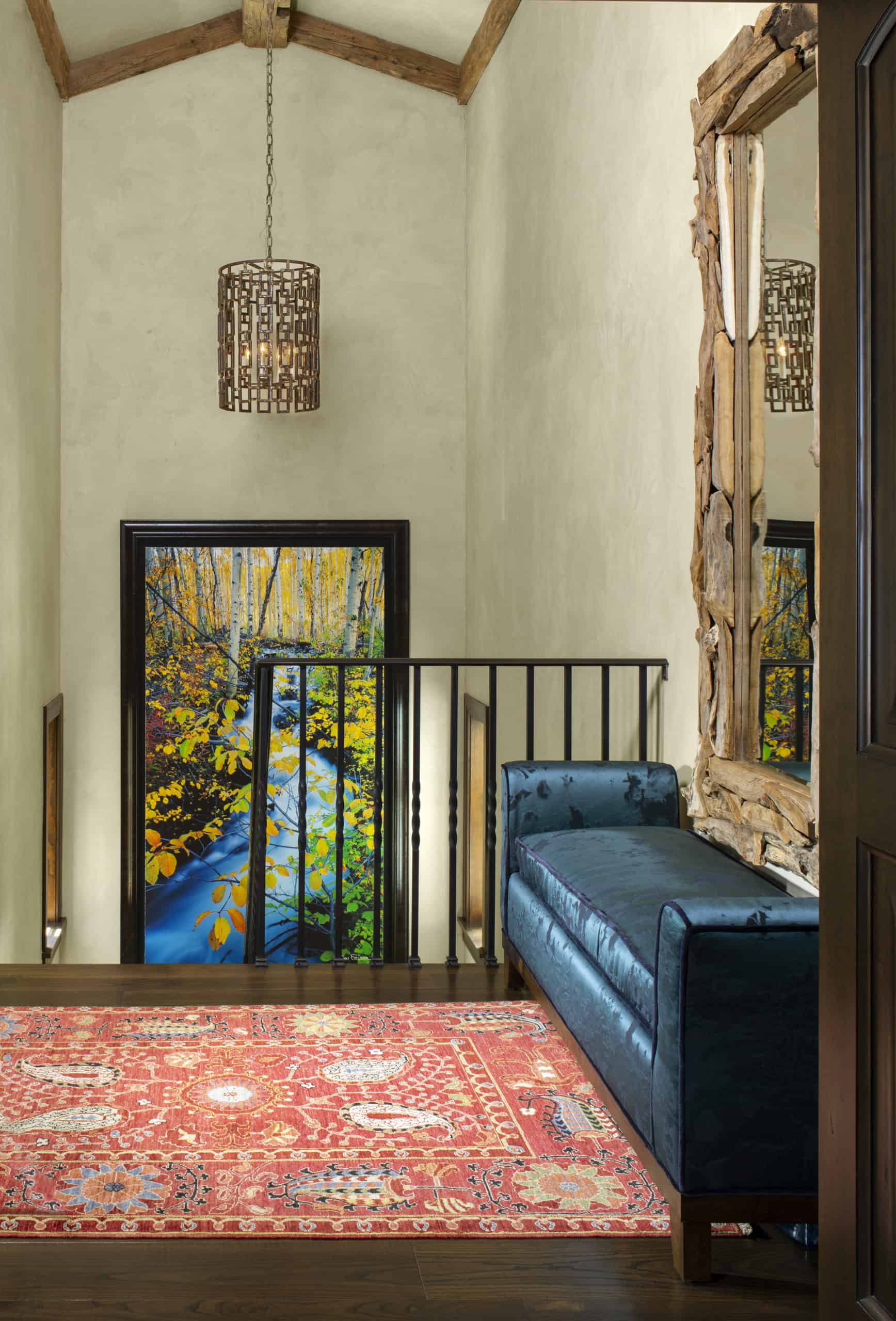 Rustic entry with swanky bench in colorado mountain home