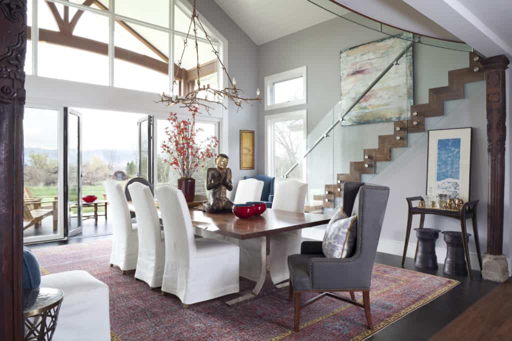 Dramatic dining room with a view by interior designer in denver co