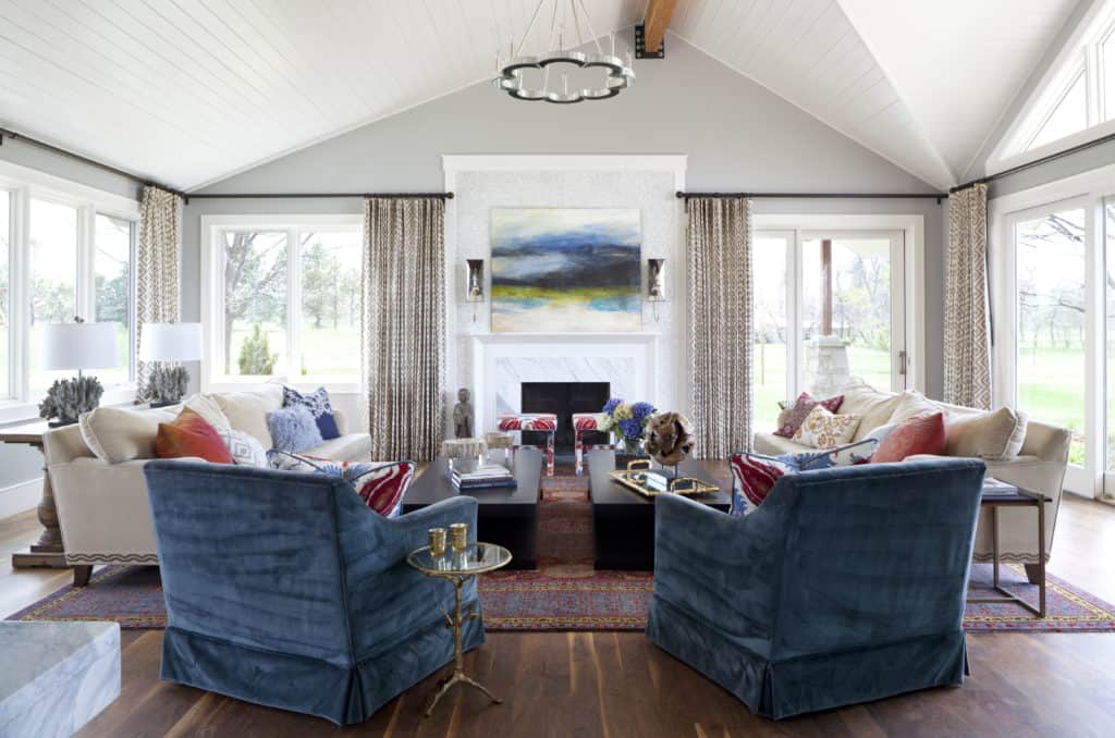 New construction family room interiors with white plank ceiling