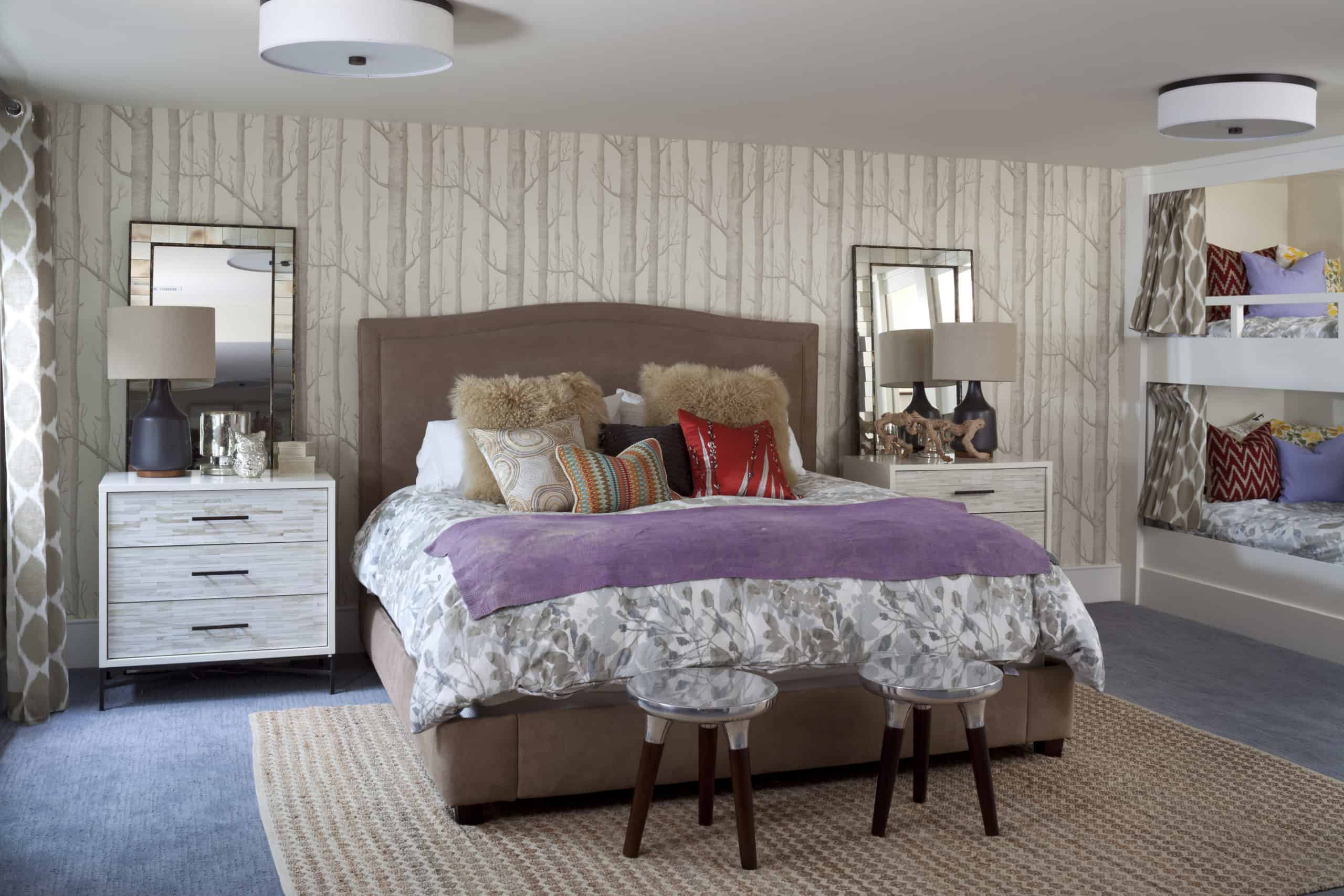 Designer guest bedroom with queen bed and built-in bunk beds