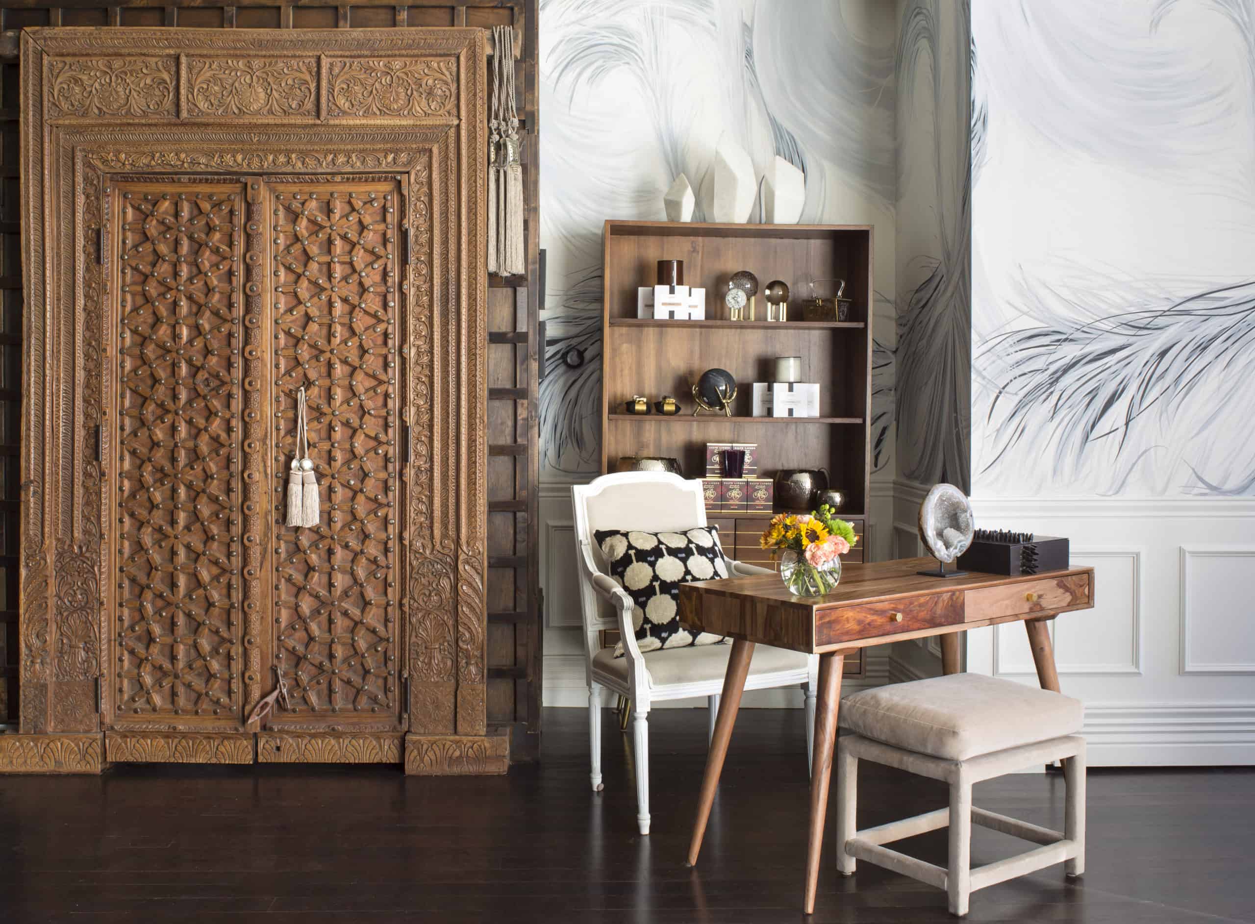Beautiful decor and antique teak closet from interior design company in denver colorado