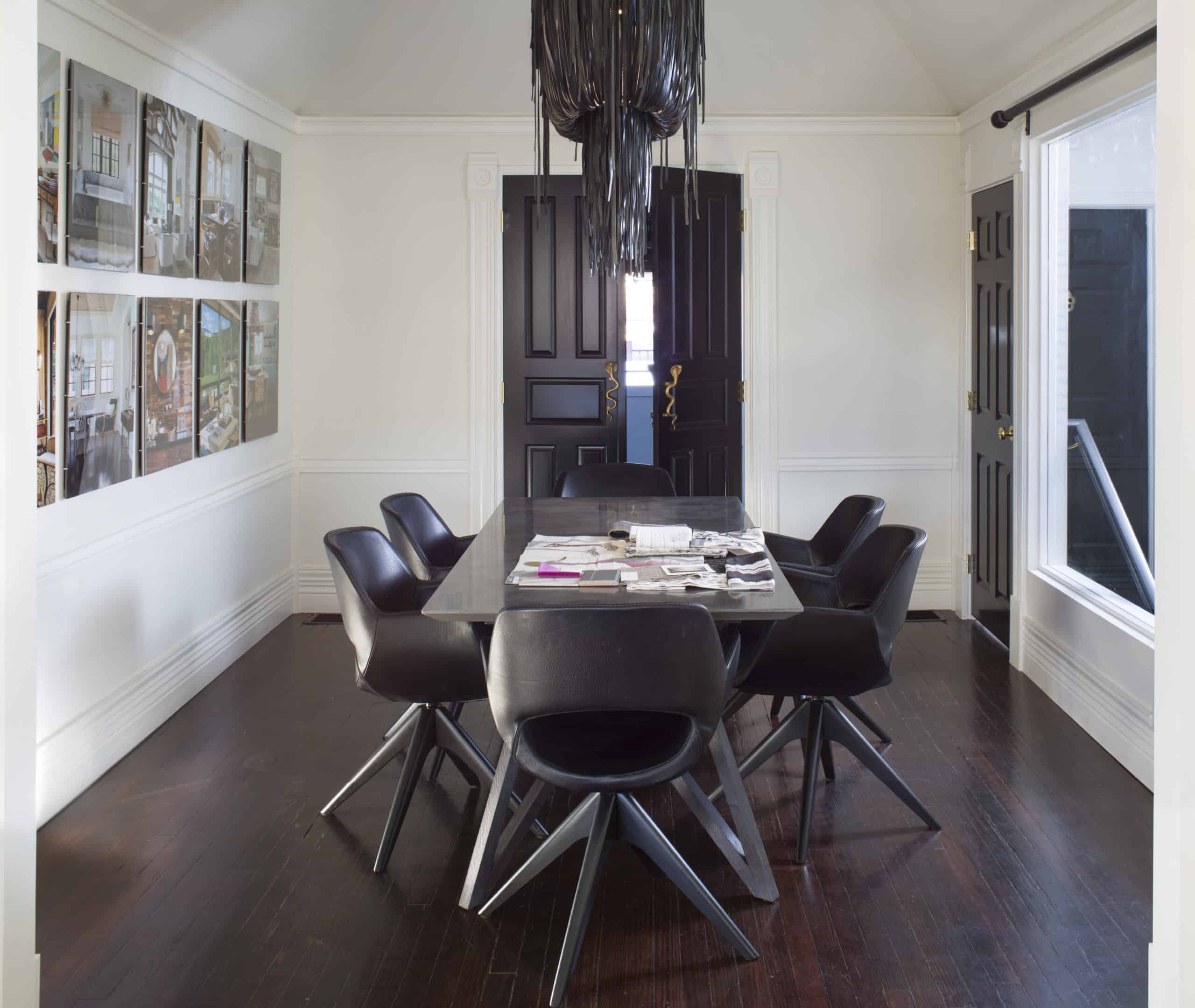 Professional conference room design with leather chandelier