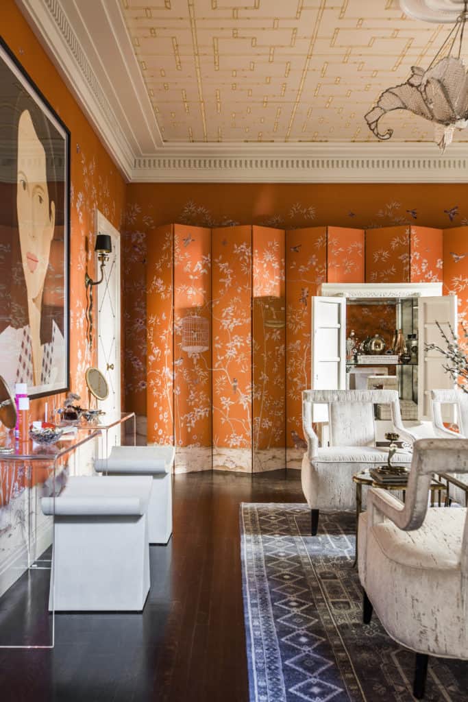 Chinoserie Chic interiors with tangerine custom Asian wallpaper in Maison de Luxe Greystone Mansion