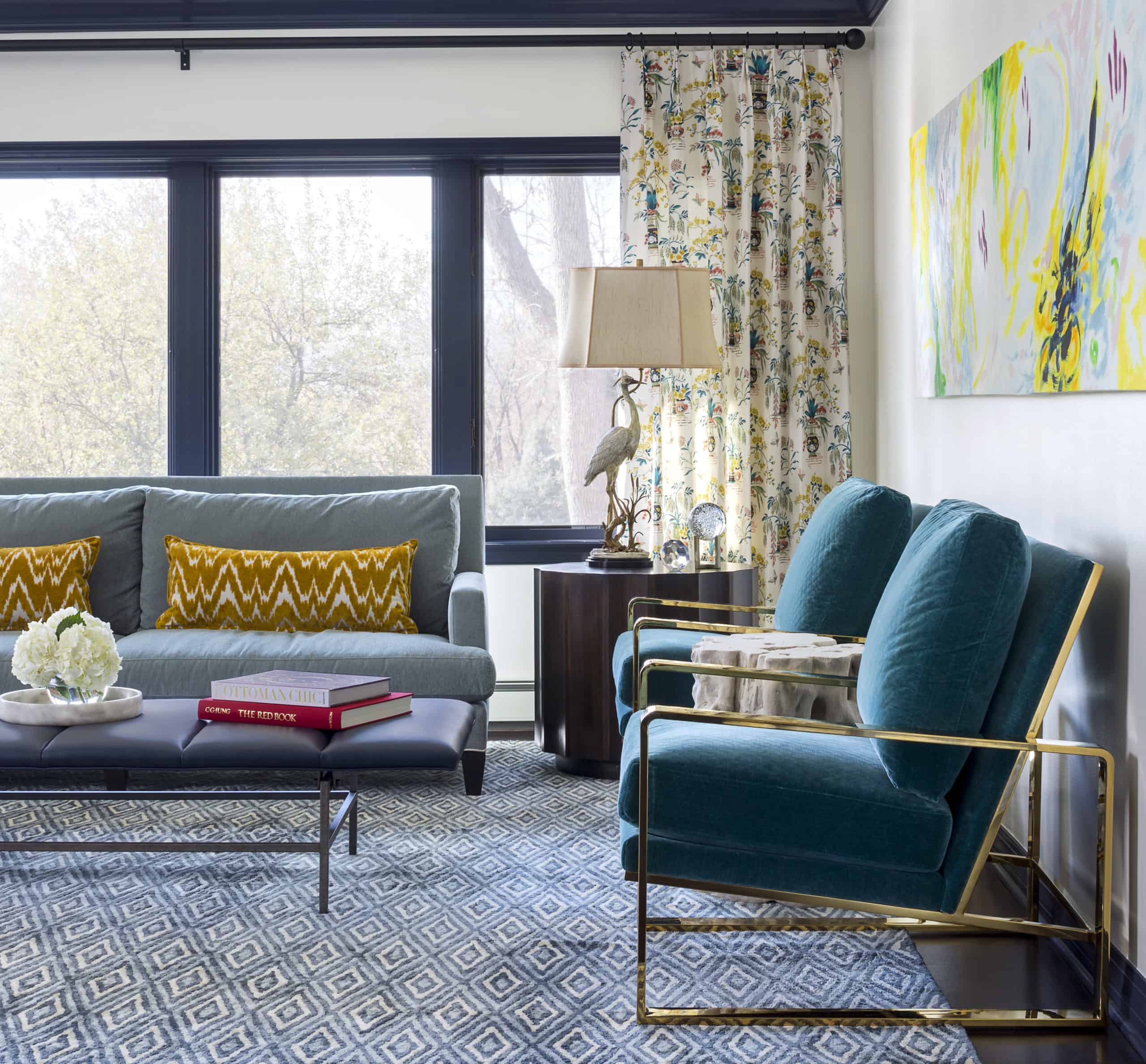 Bold, whimsical family room with white heron lamp by Andrea Schumacher Interior Design