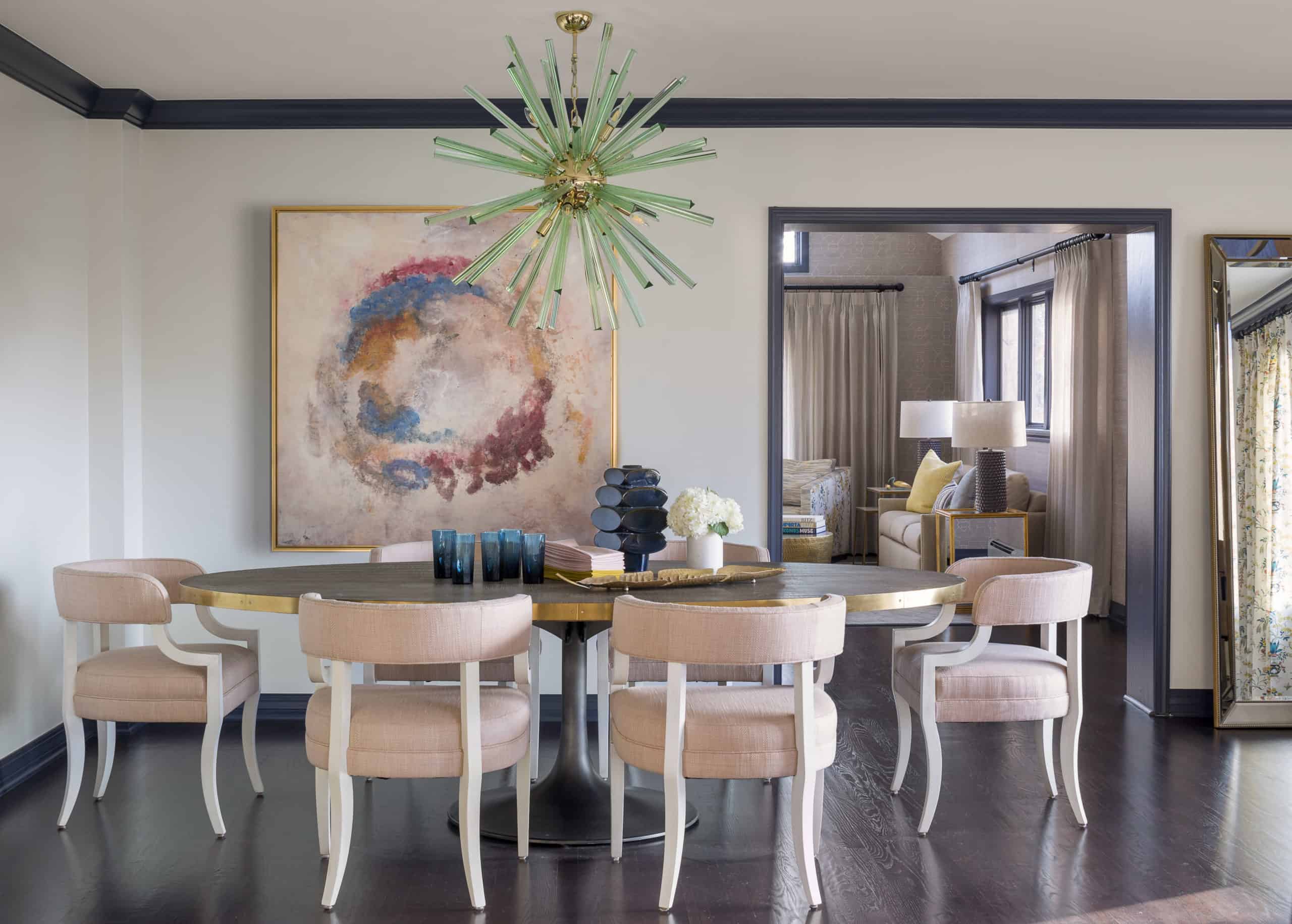 Littleton CO 1990s Home Remodel Project with artsy dining room green sputnik chandelier