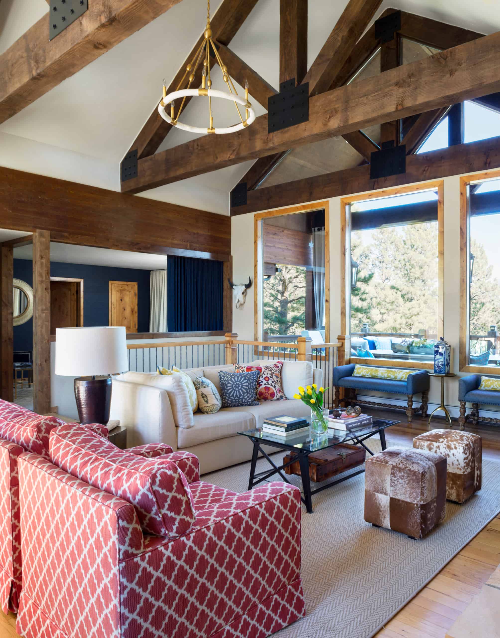 Chalet interiors with wood frame ceiling by interior decorator Denver
