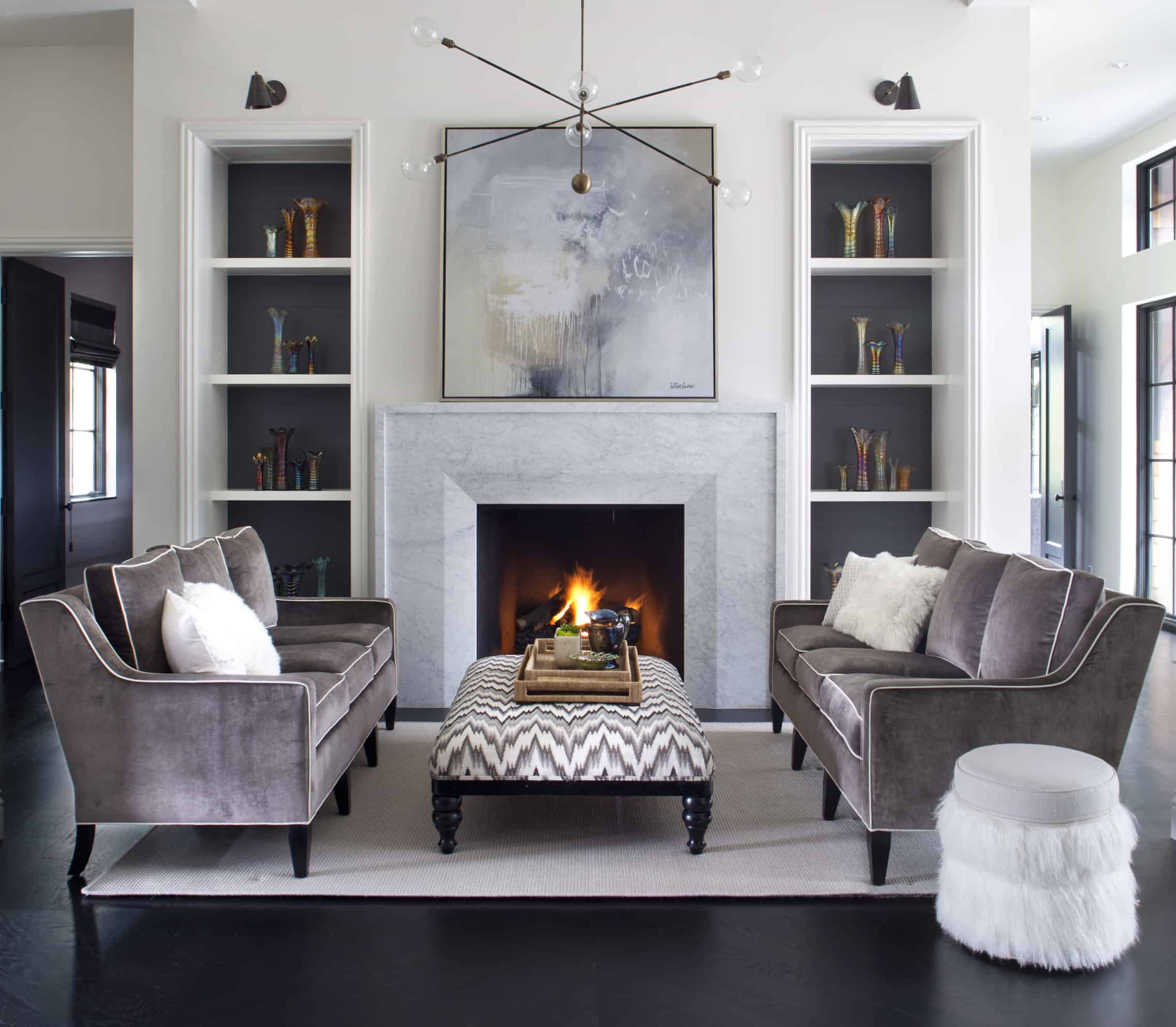 Ottomans used as coffee table and cocktail table in neutral living room