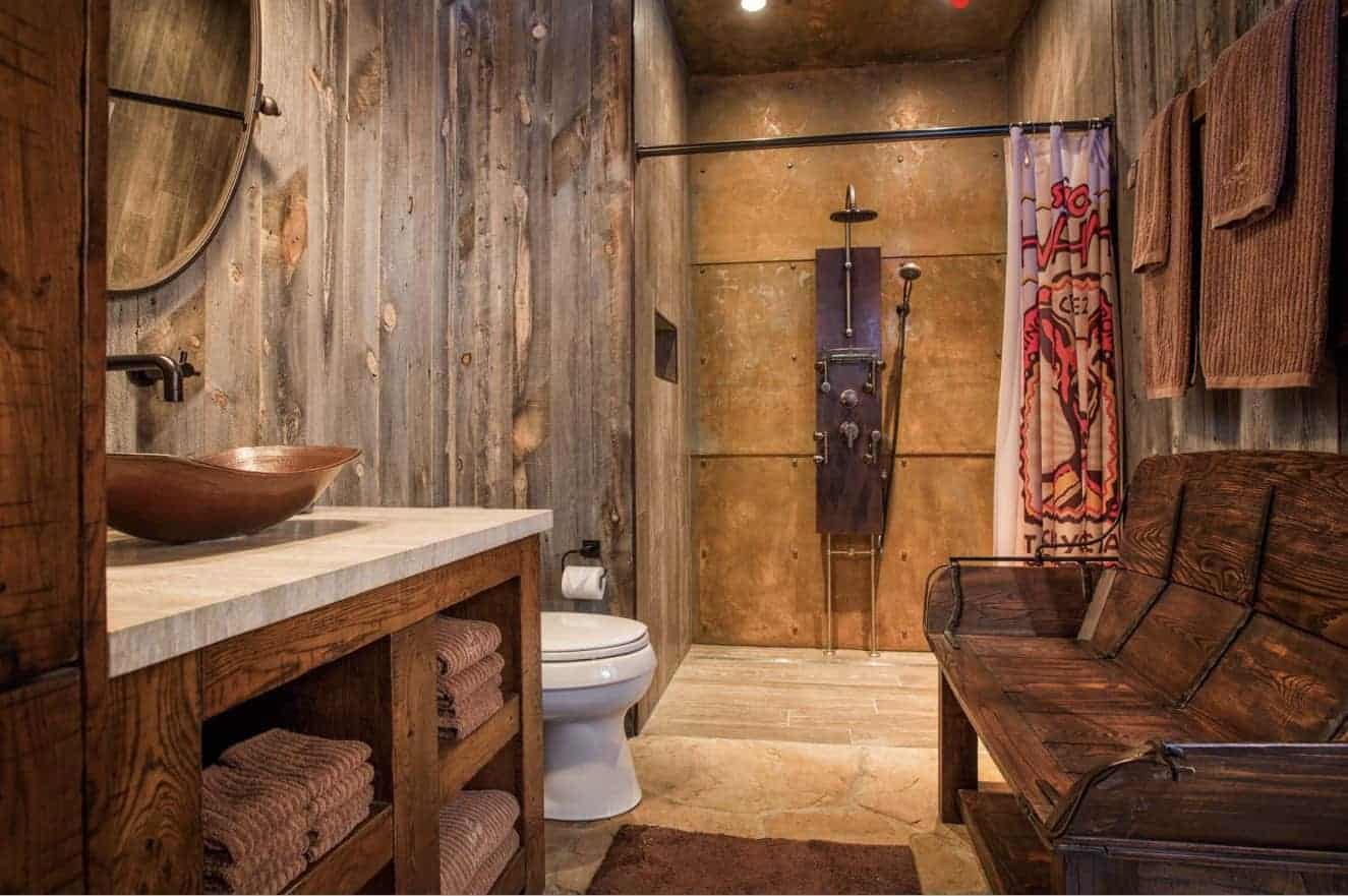 Rustic Cabin Bathroom Design with crafted shower hardware