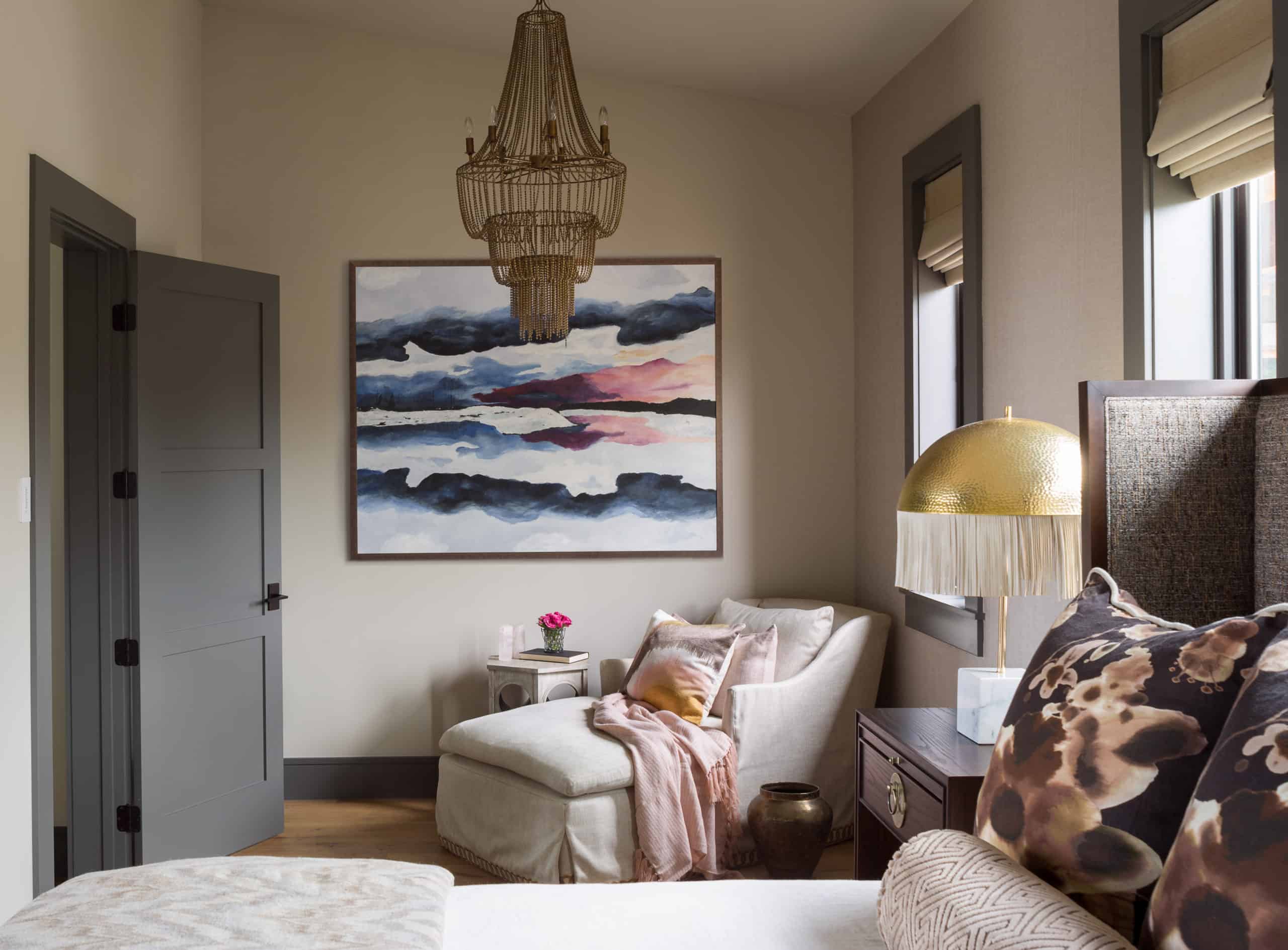 Bedroom chaise lounge chair and fun beaded chandelier bedroom remodel denver