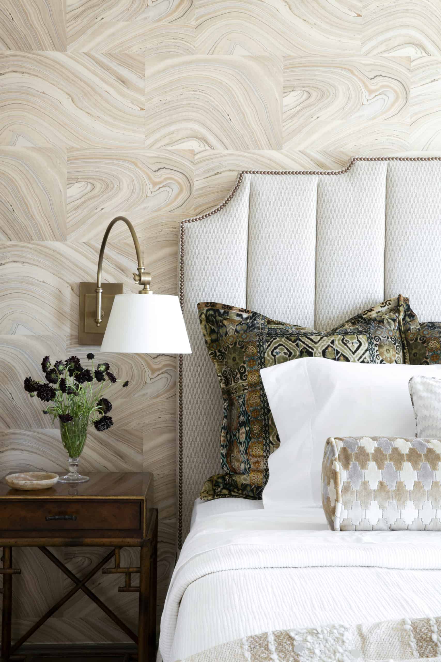Custom White Fabric Headboard in Elegant Bedroom