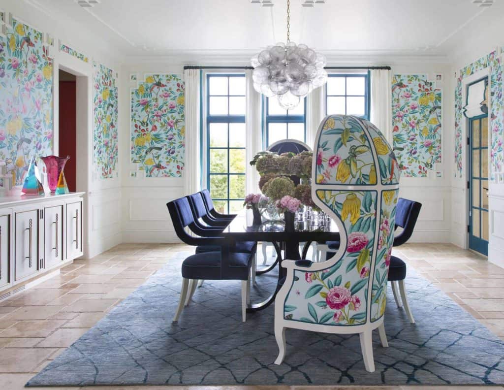 Bright floral wallcovering with custom dining furniture