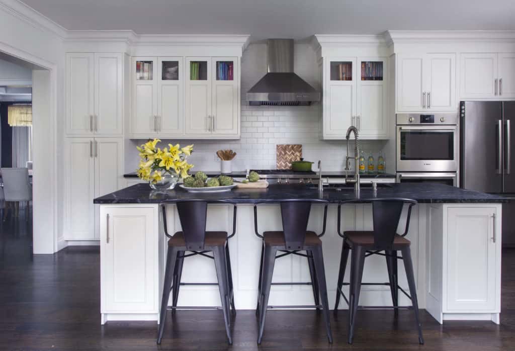 Denver kitchen designer remodel with large kitchen island and metal kitchen stools