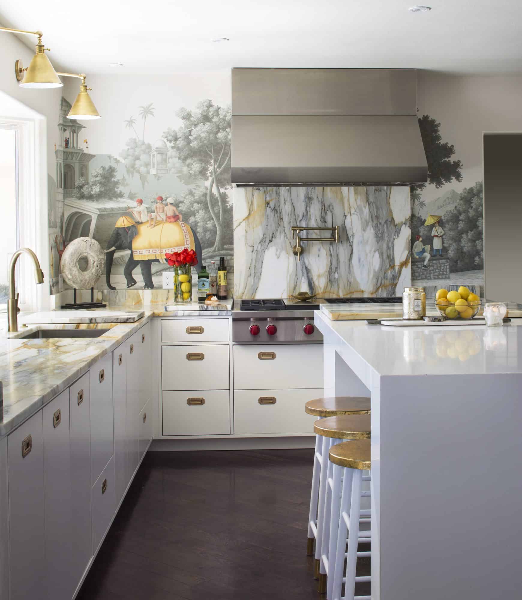 Vibrant interior design accent colors in white luxe kitchen