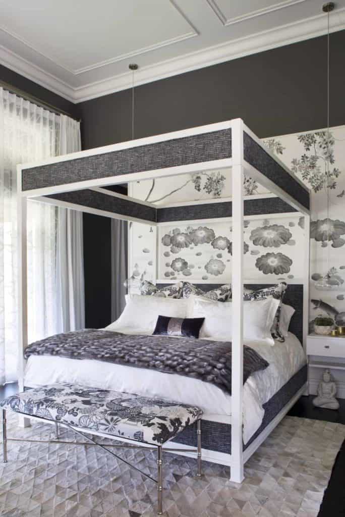 Gray and white bedroom with custom wall panels