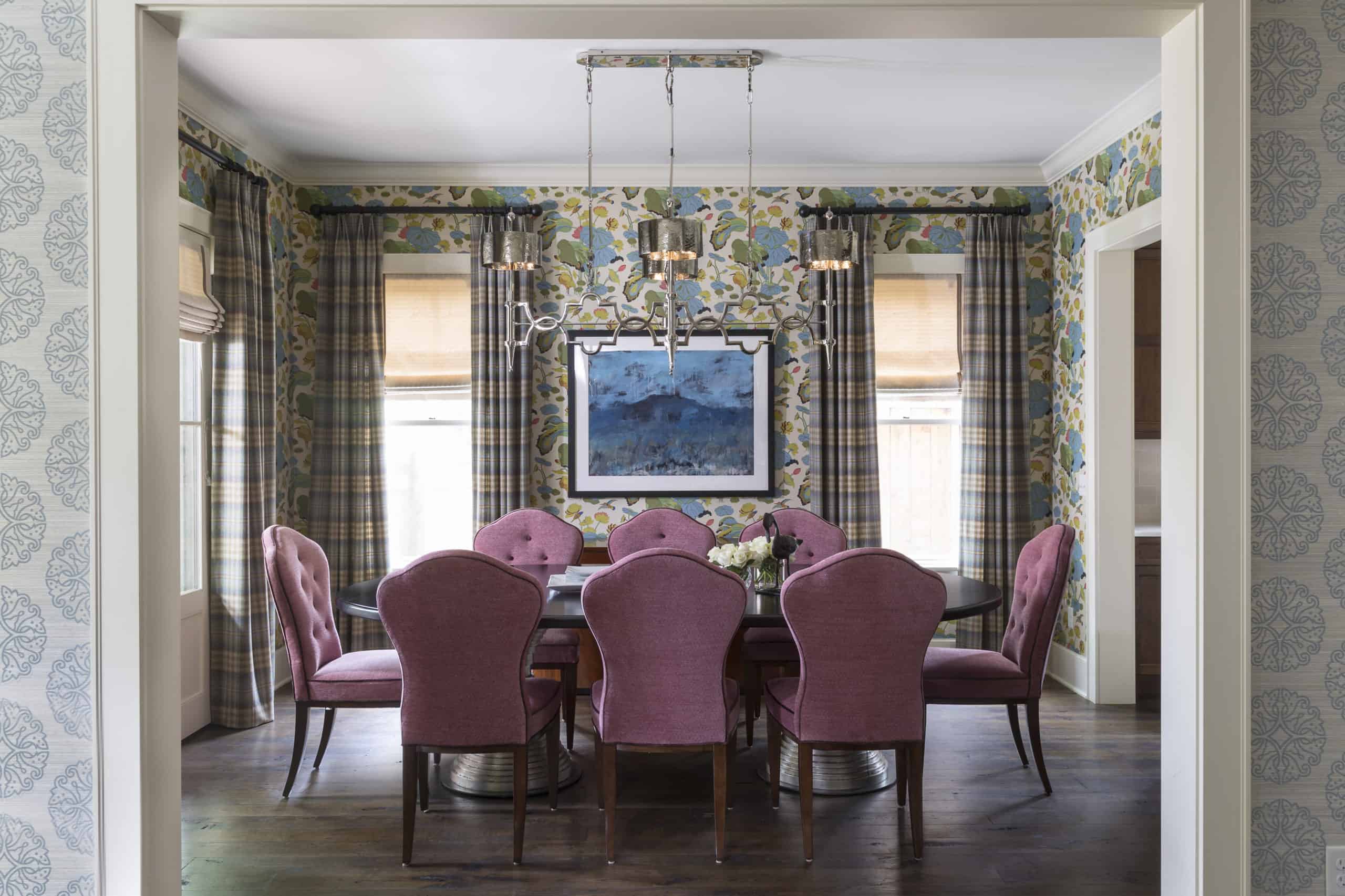 Dramatic Dining Room Chandelier and Pink Dining Chairs