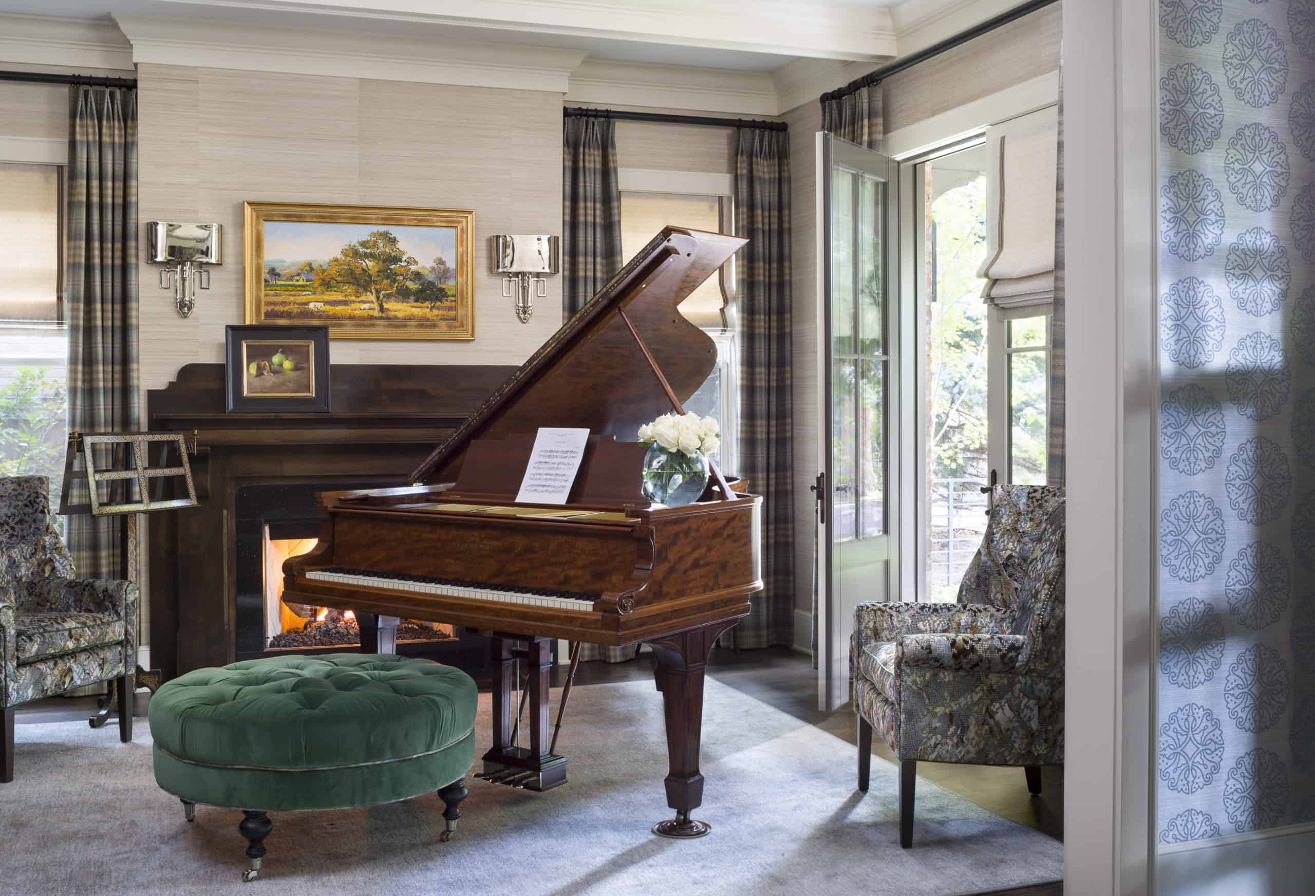 Stylish Piano Room with Green Ottoman and Fireplace