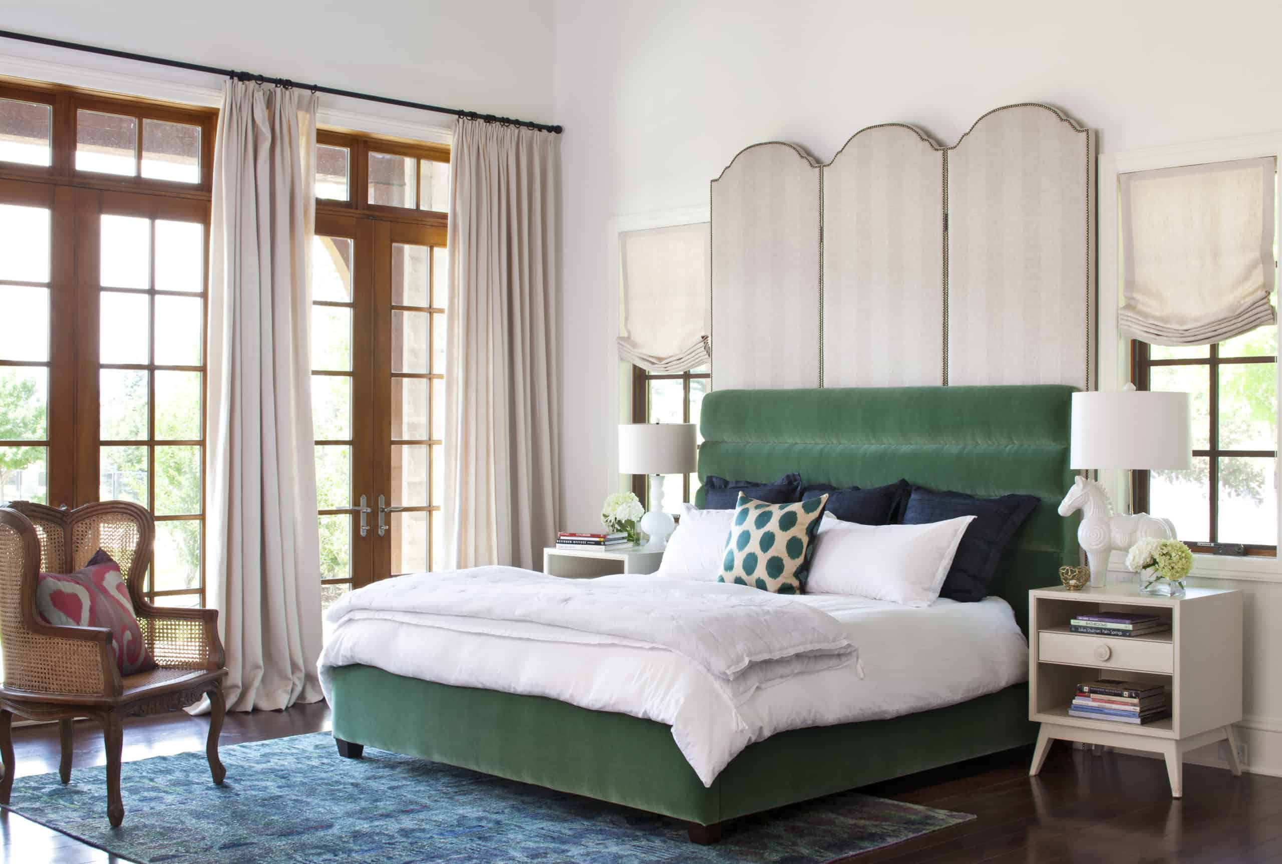 Custom Emerald Green Bed with High Headboard in Bright Comfortable Bedroom