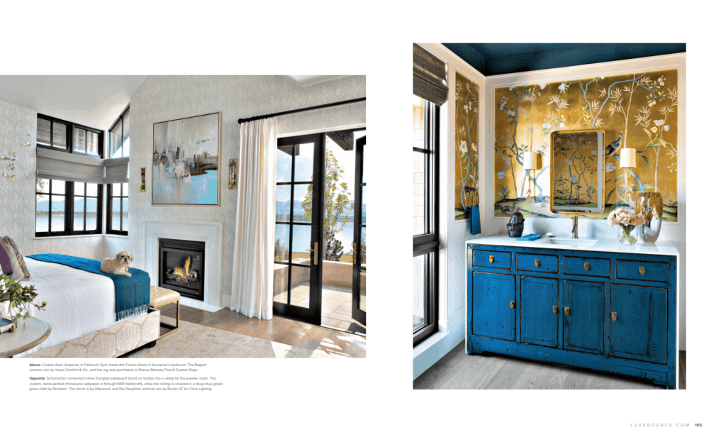 Blue Dongbei sideboard converted to vanity in powder room with custom Asian style wallpaper