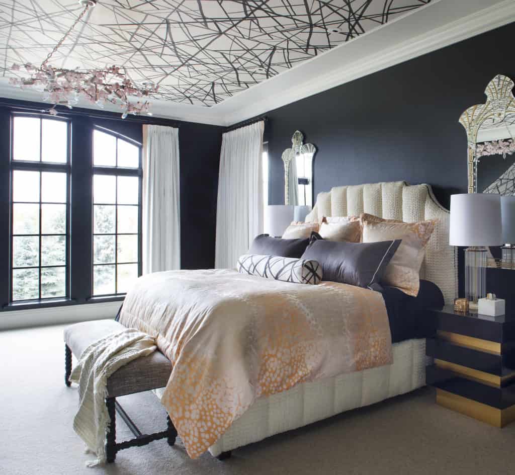 vibrant interior design bedroom with dark walls and light furnishings