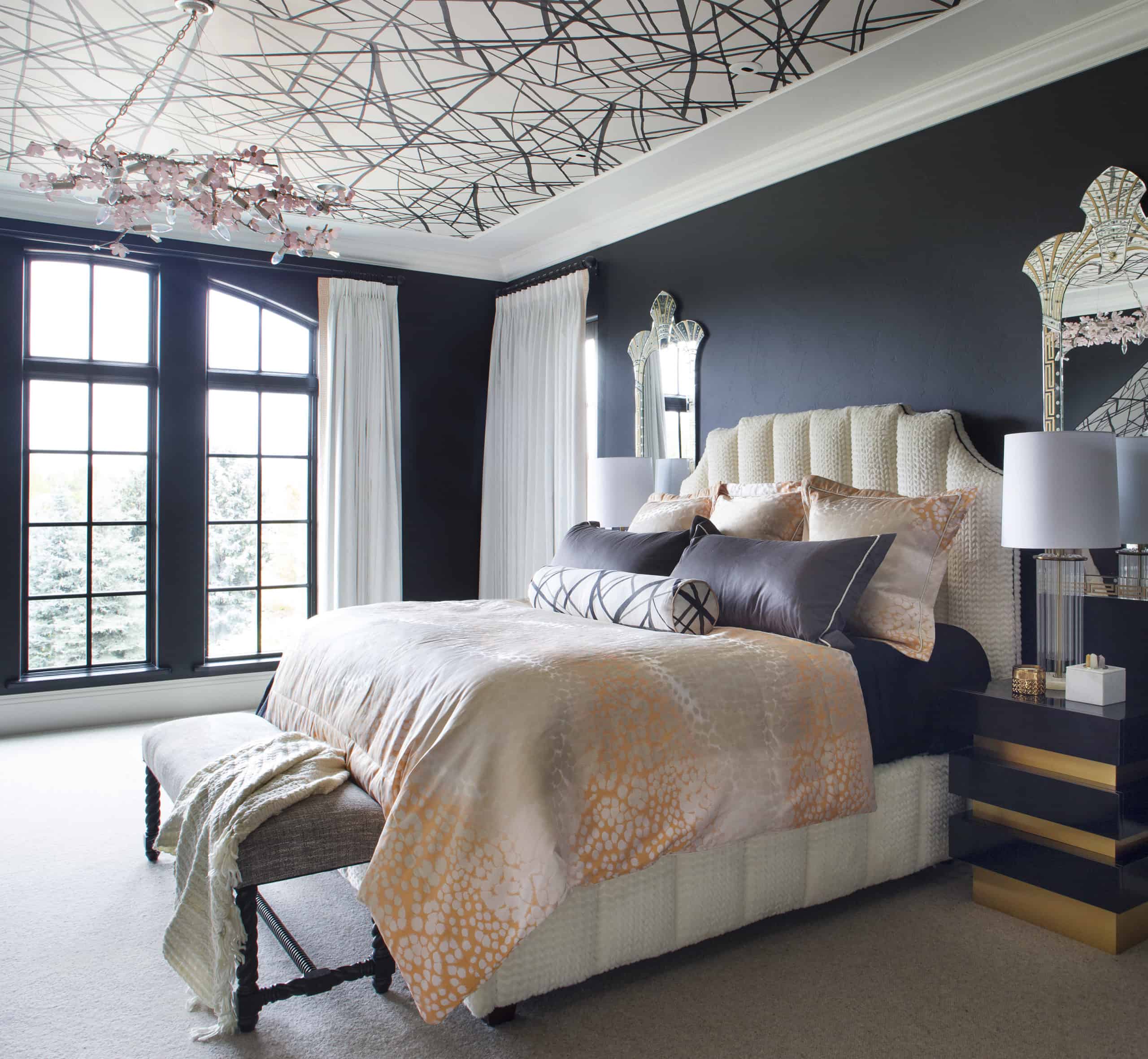 vibrant interior design bedroom with dark walls and light furnishings