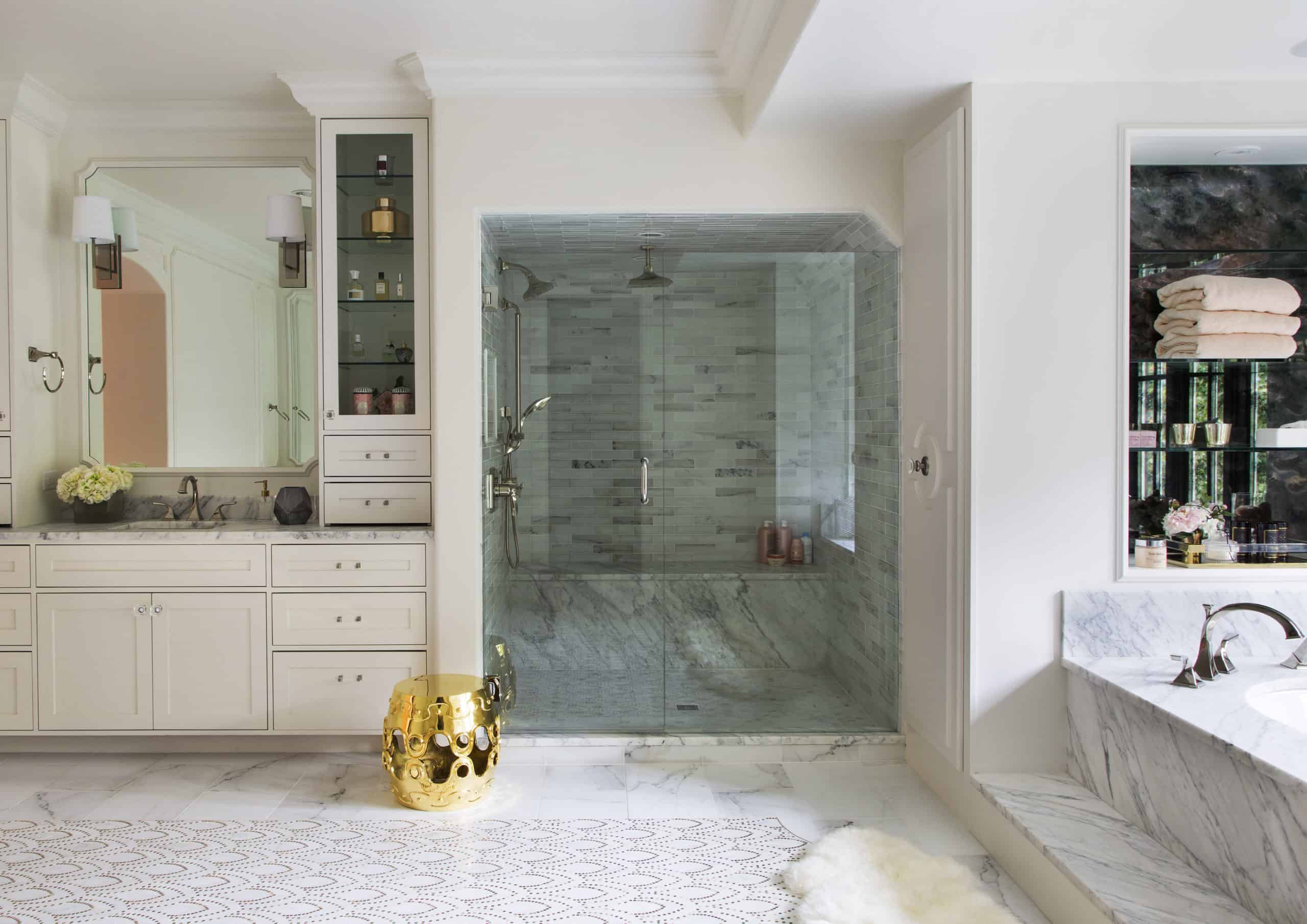 Luxurious white bathroom with blush accents - Andrea Schumacher Interiors