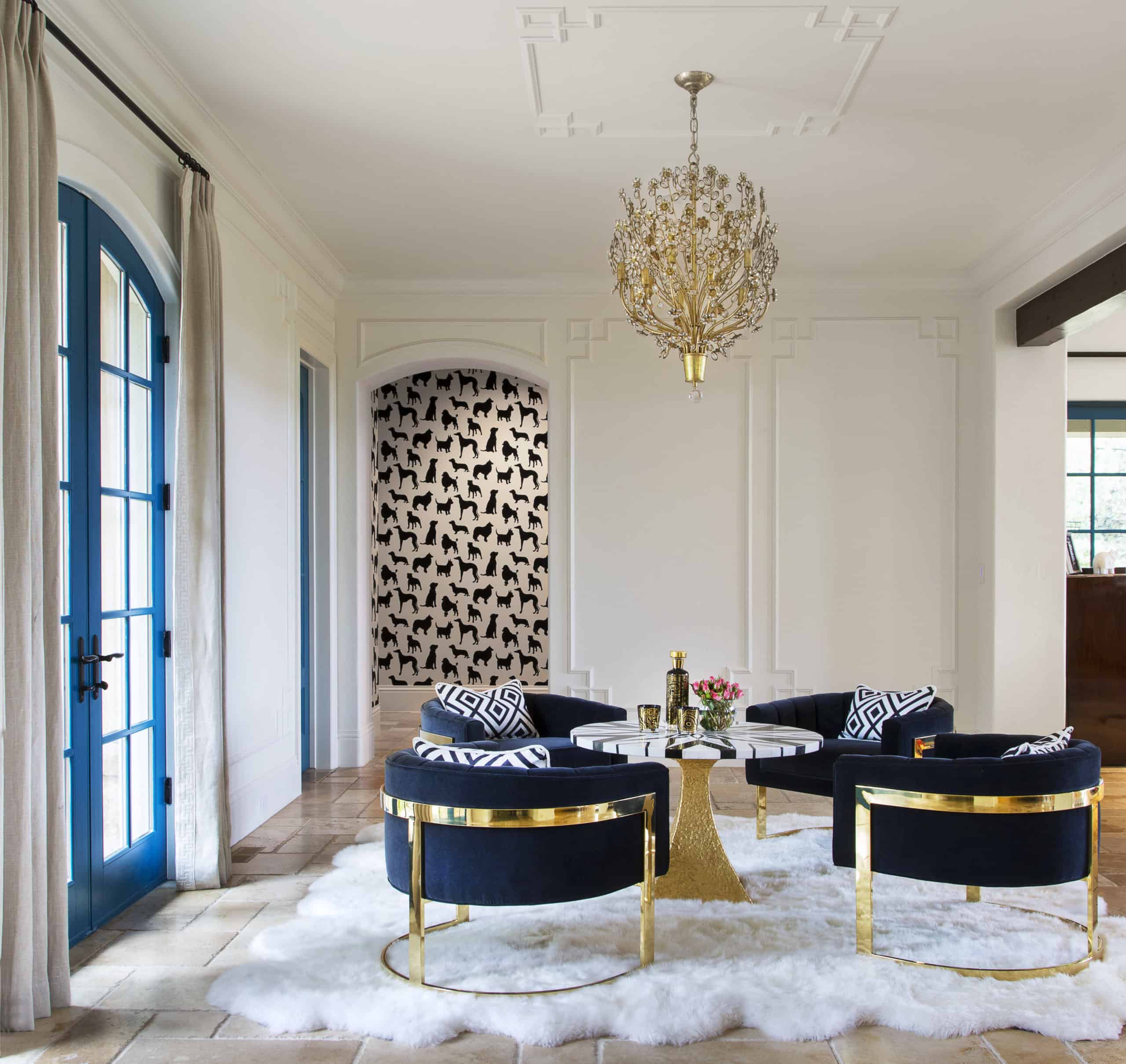 Lavish sitting room with huge sheepskin rug, tea table and modern seating