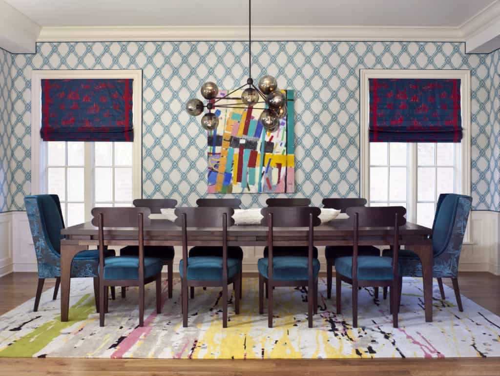 Colorful dining room decor in bright colors and artistic style by Andrea Schumacher Interior Design