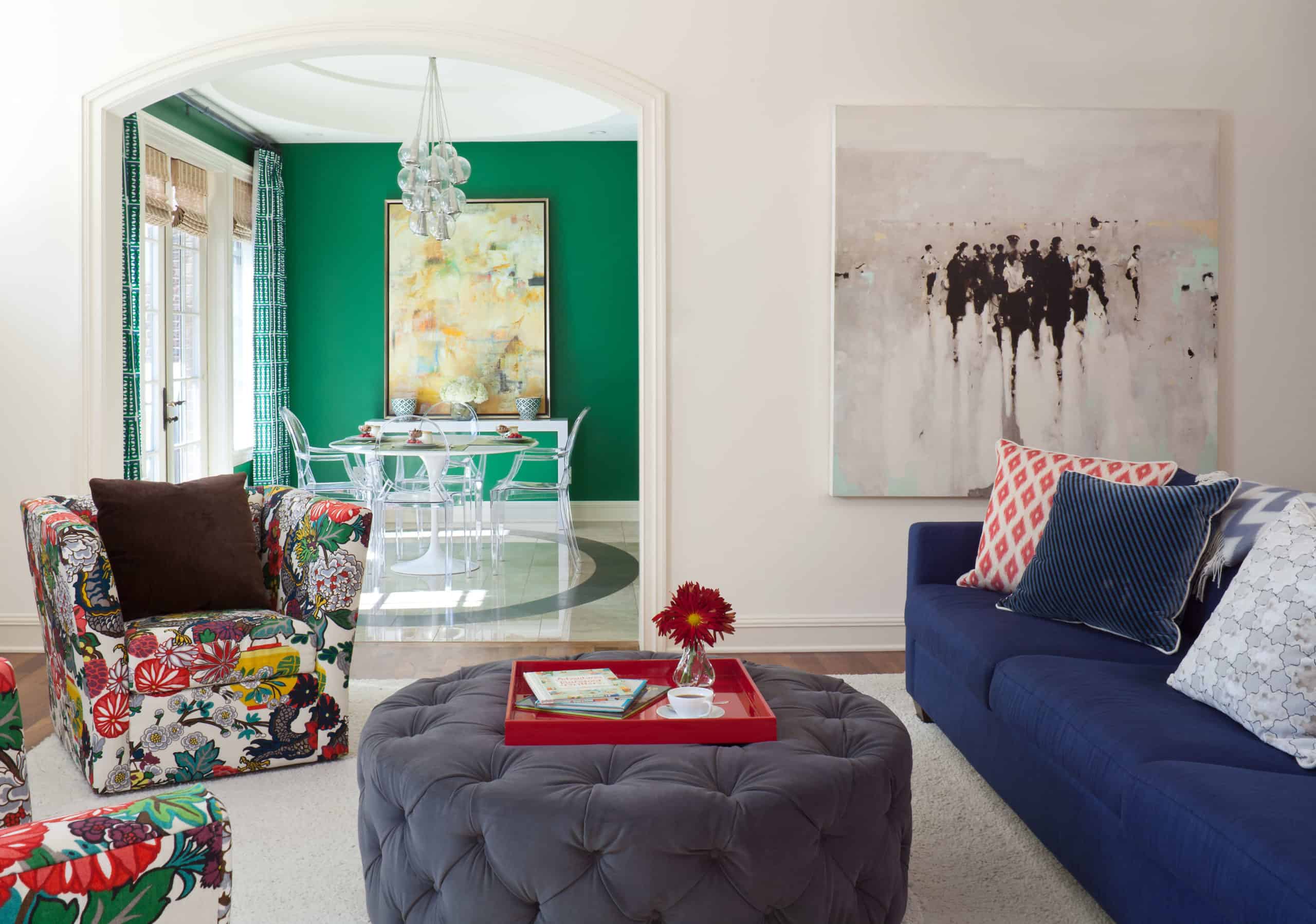 Bright colored furnishings with white walls in Cherry Creek Traditional with a Twist