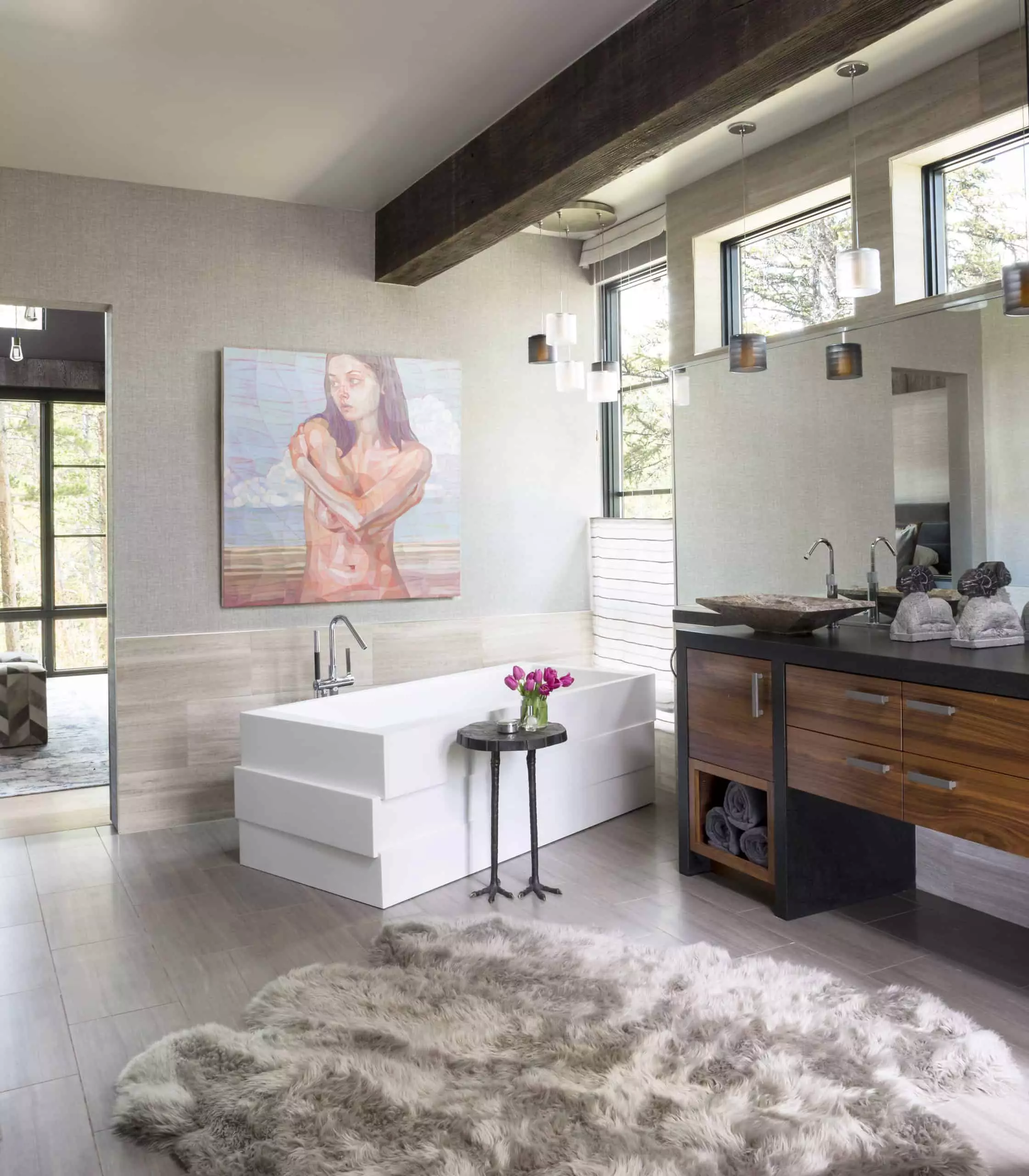 Alpine chic modern master bath with art