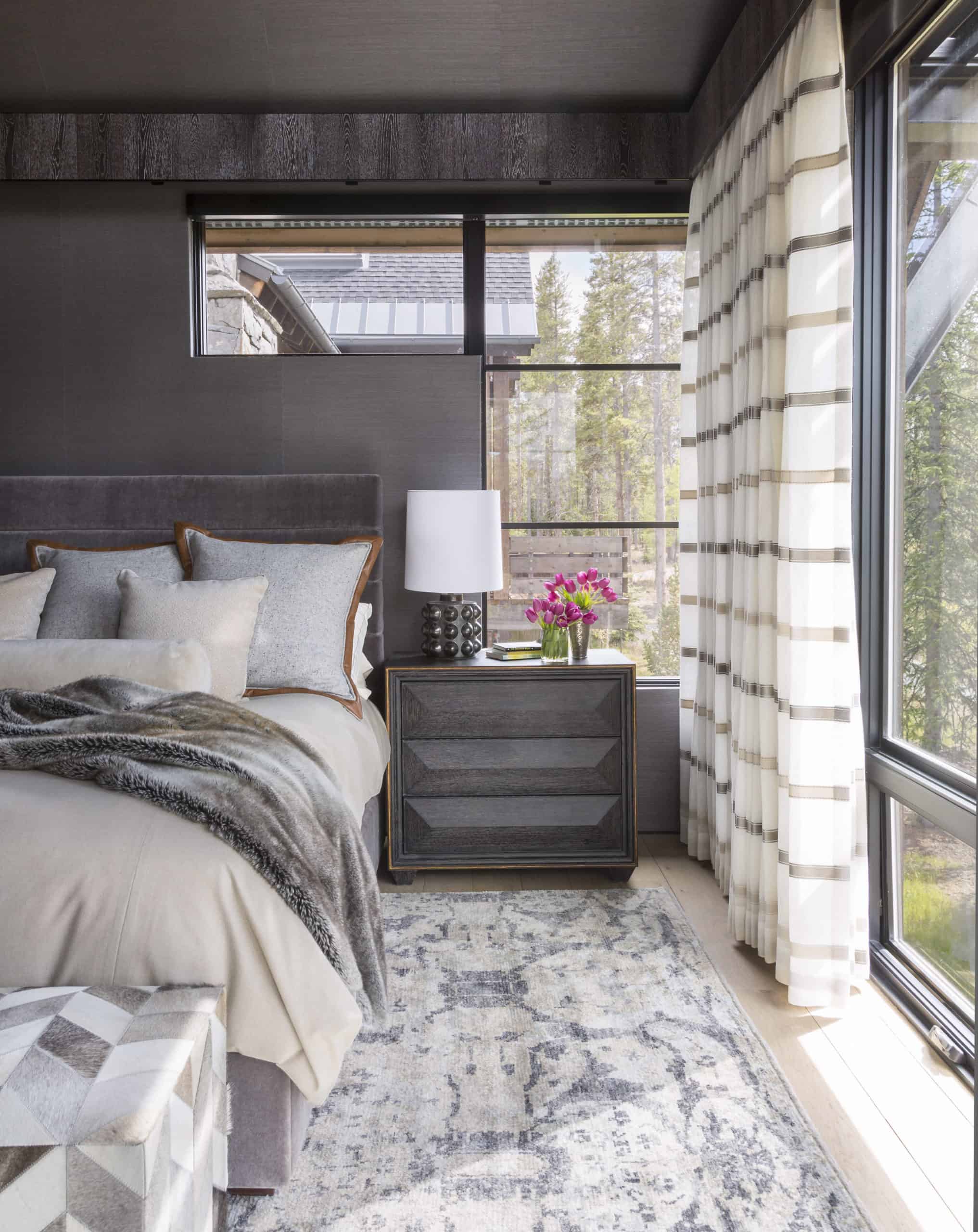 Alpine chic bedroom furniture, grasscloth wallpaper