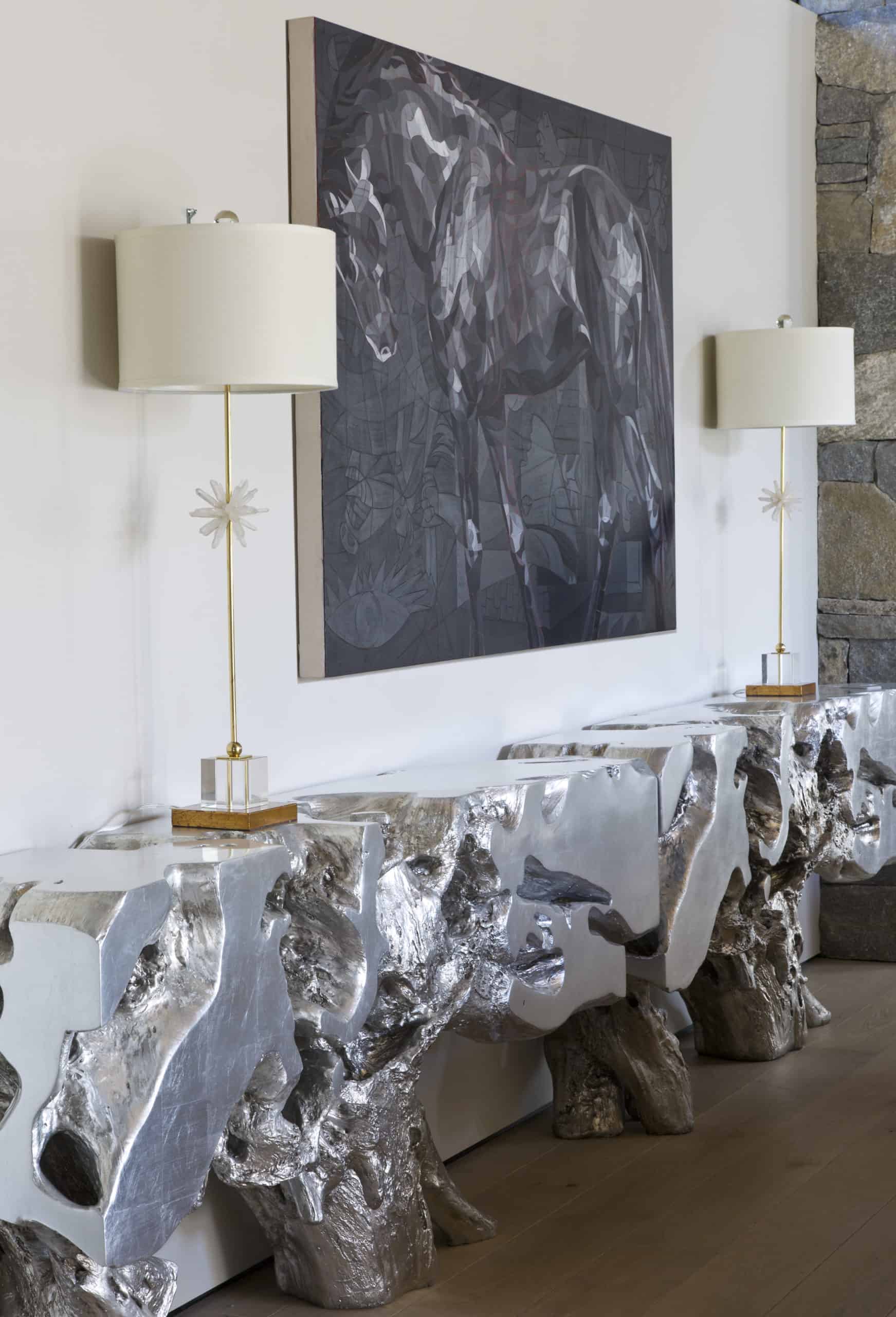 Unique chunky metal sideboard in Distinctive metal sculpted console in mountain contemporary interior design