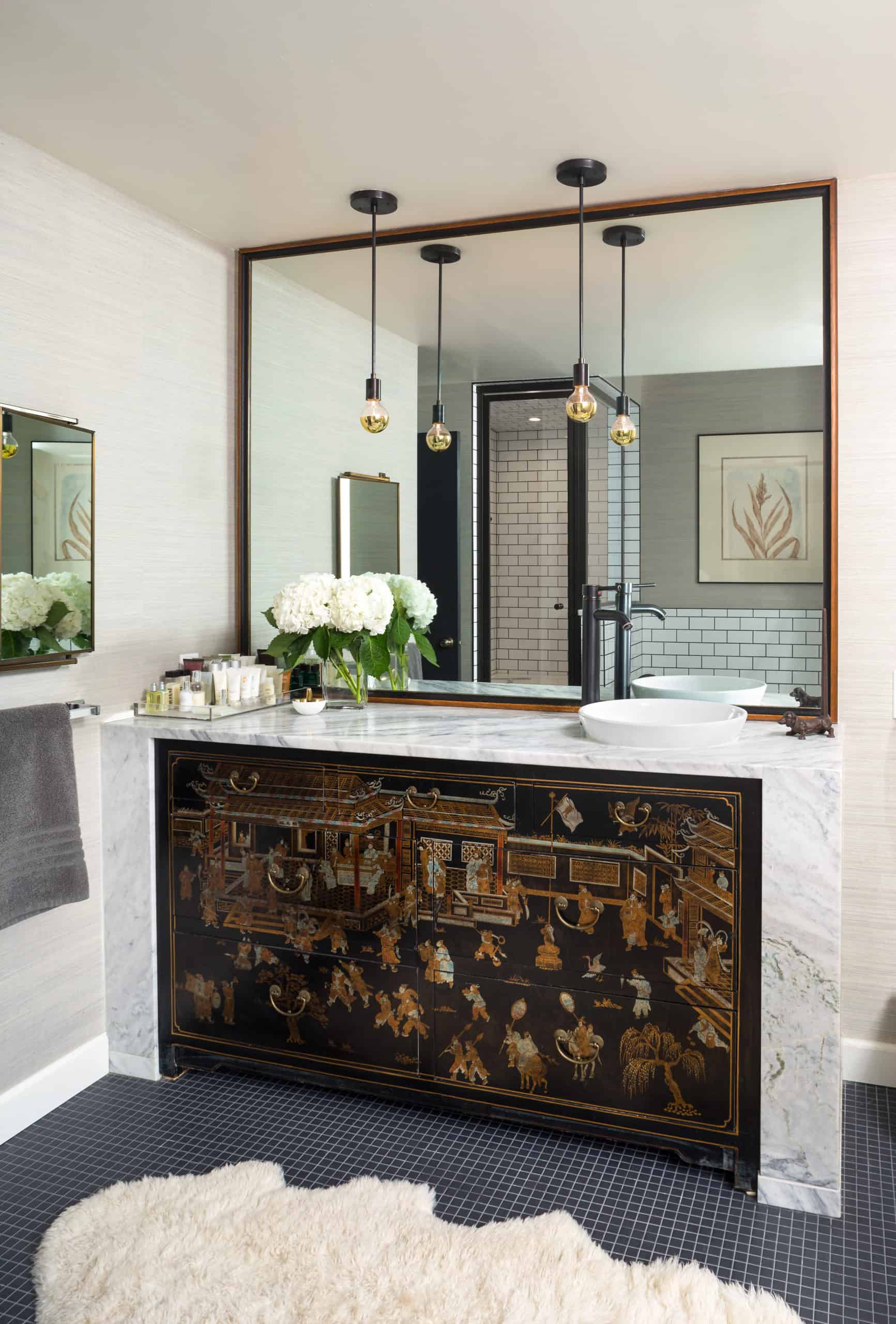 Lavish primary bath vanity modified from Asian style antique dresser in Mid Century Modern Renovation