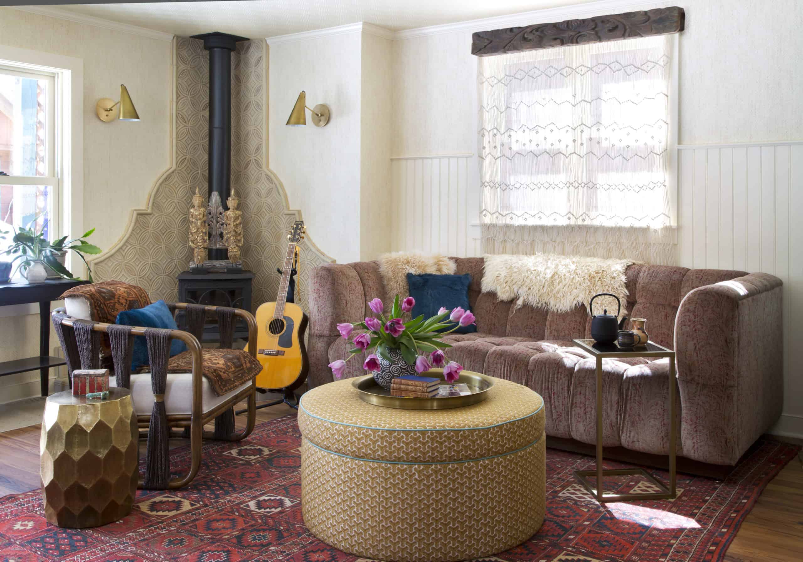minimalist bohemian living room with hippy vibe