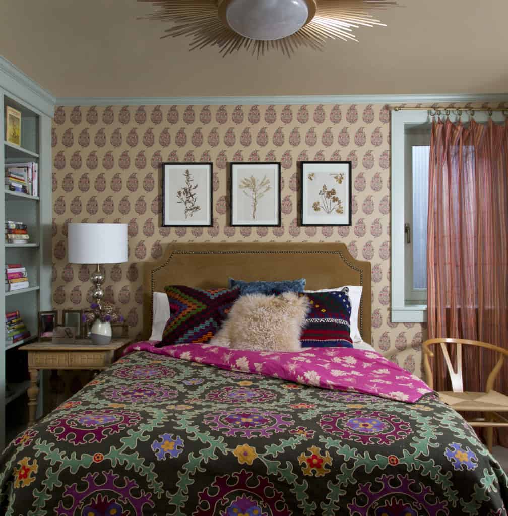 Colorful early 70s style guest bedroom in boho chic interior design project