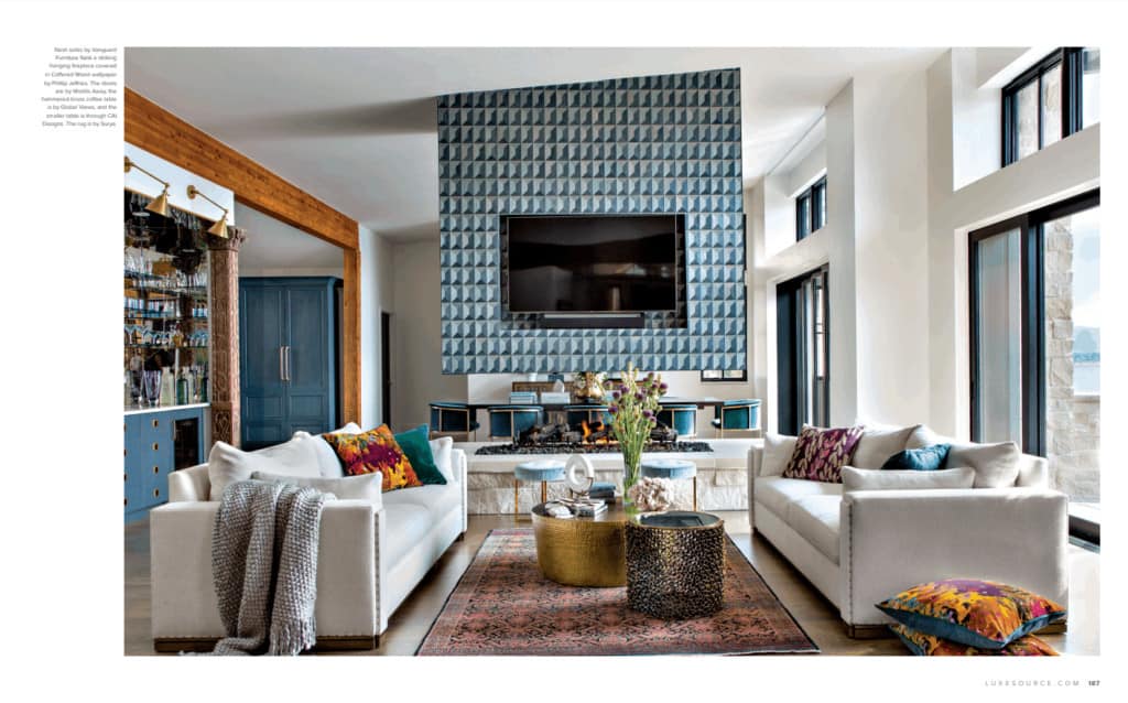 Hanging fireplace covered in Coffered Wood wallpaper