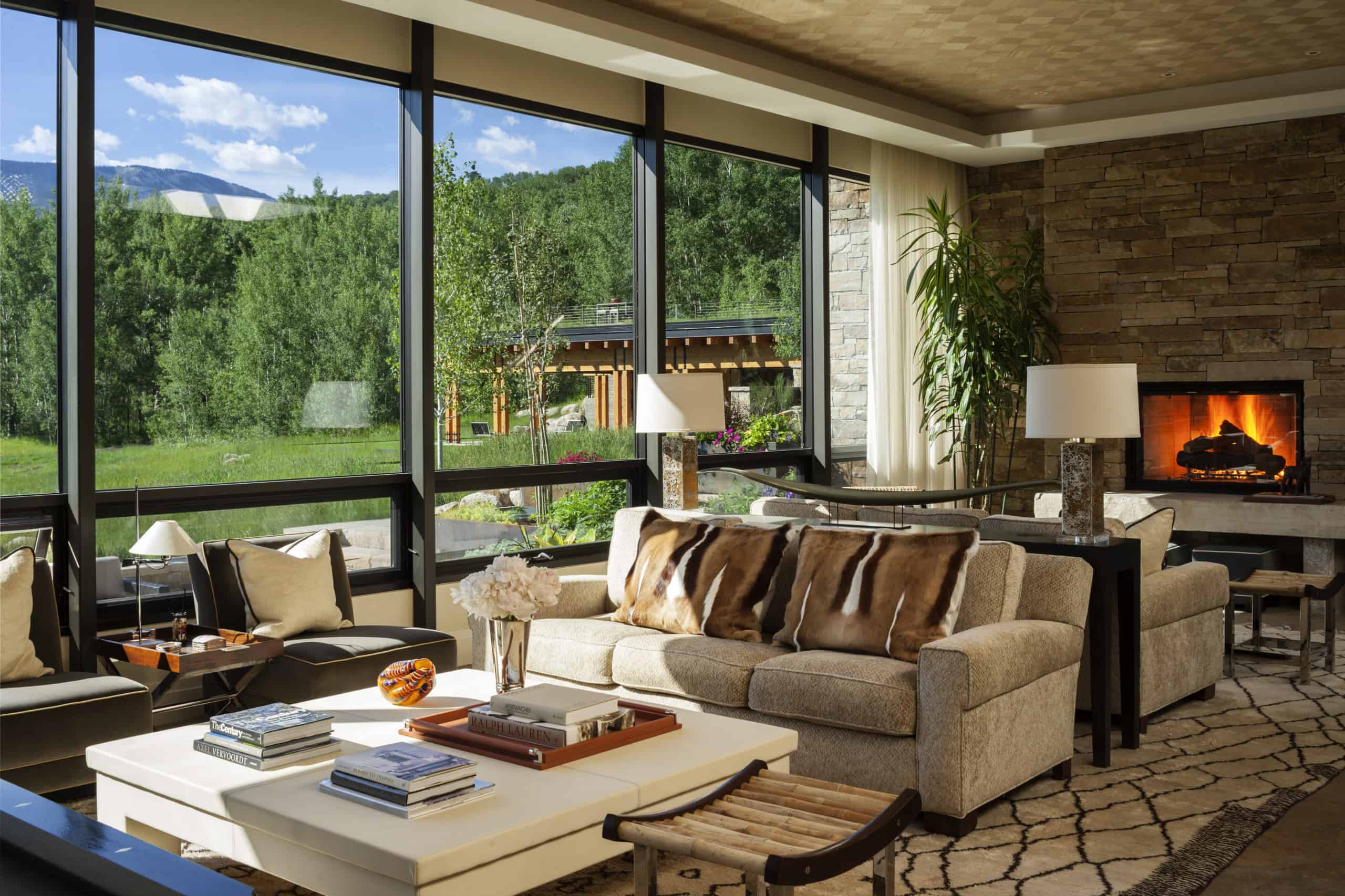 Fireplace room interiors with two sitting areas