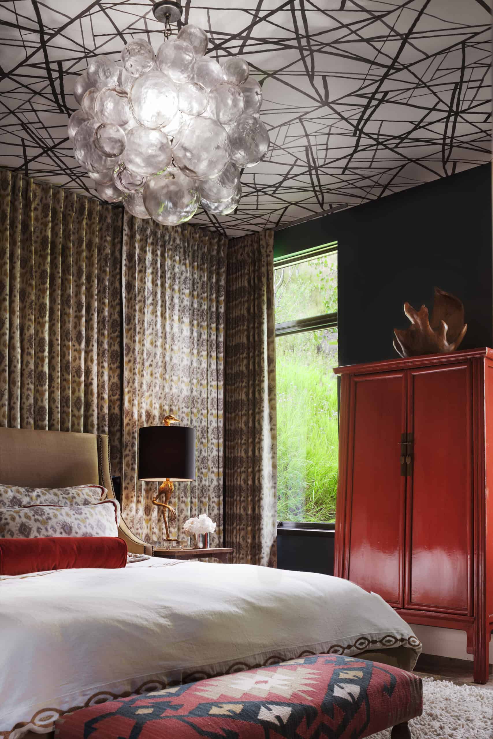 Sumptuous master bedroom with bubble chandelier and ceiling wallcovering - Andrea Schumacher Interiors