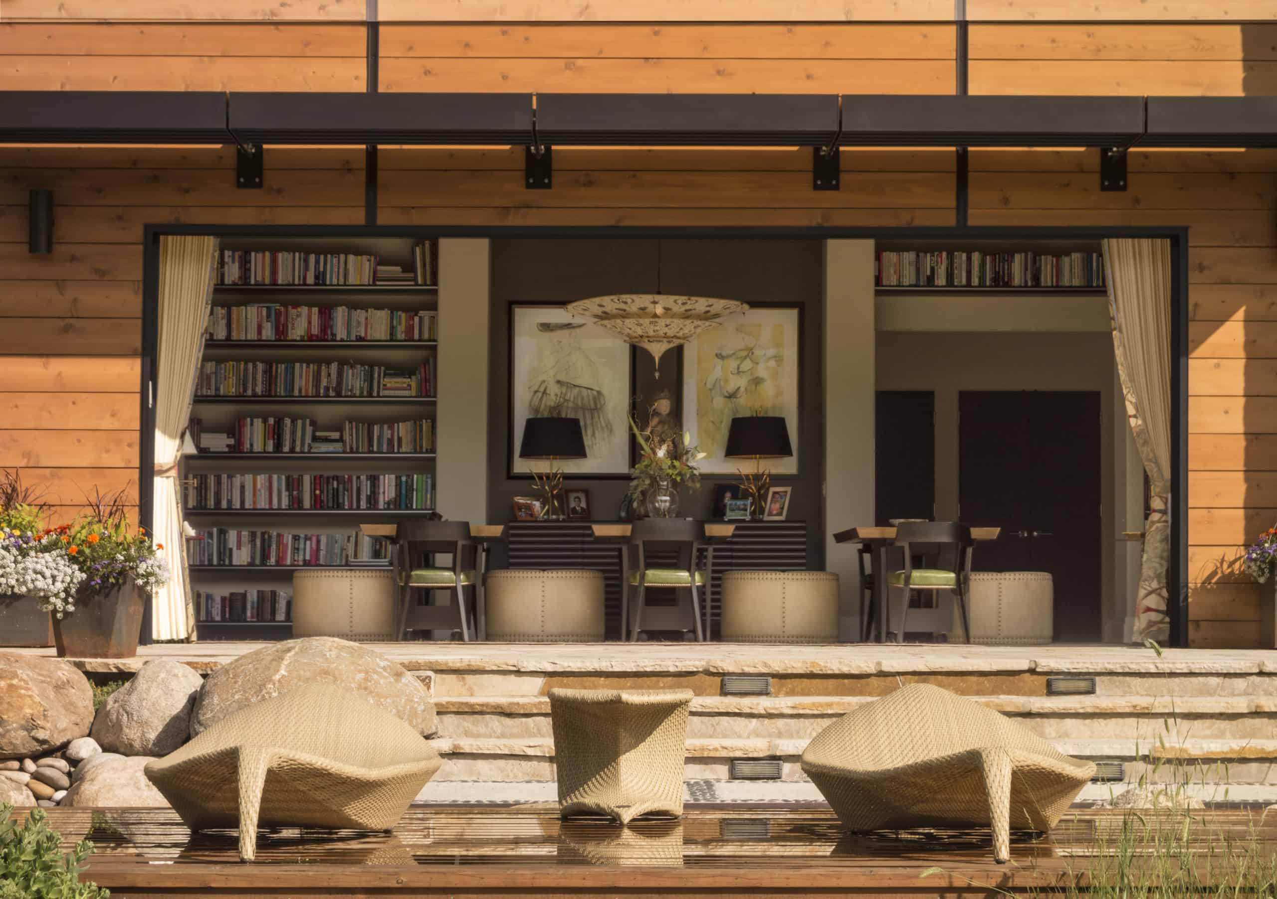 Famous indoor outdoor dining space and library