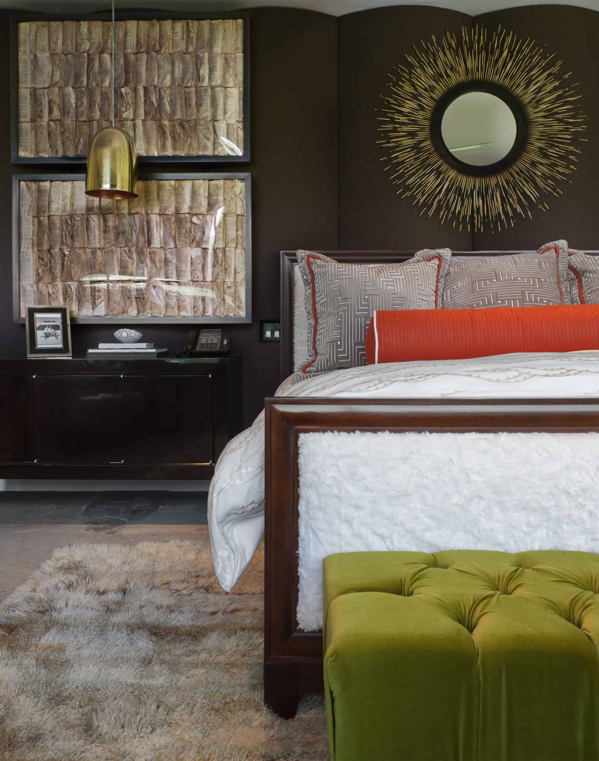 Dazzling Bedroom with starburst mirror, opulent wallpaper and dreamy bedding