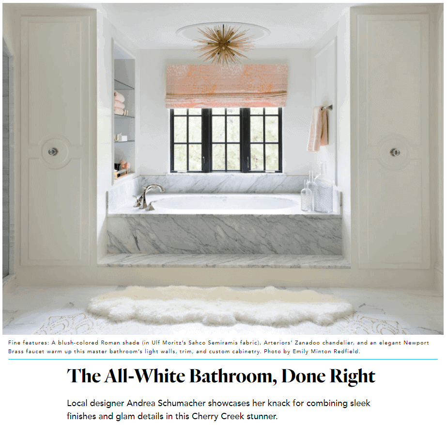 5280 Magazine all white bathroom for her designed by Andrea Schumacher Interior Design