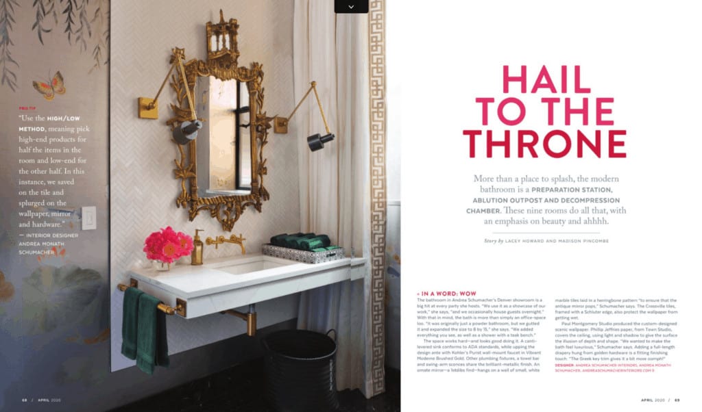 Home interiors magazine with gorgeous bathroom wallpaper and mirror