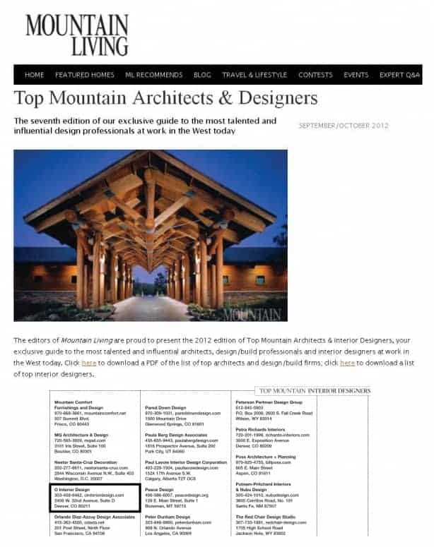 Mountain Living magazine lists Andrea Schumacher a top mountain interiors designer