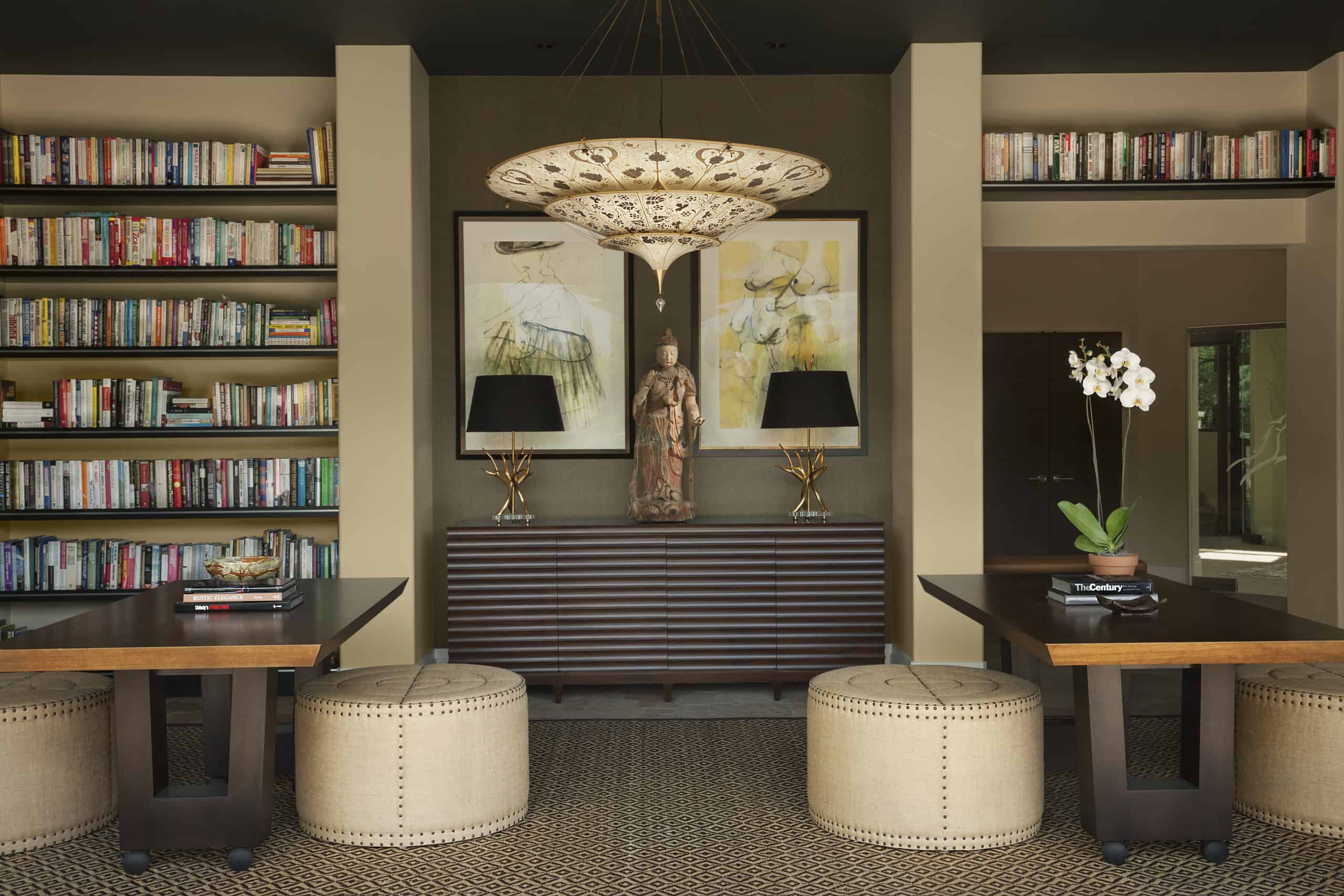 Multi-purpose dining room library with unique ottoman seating