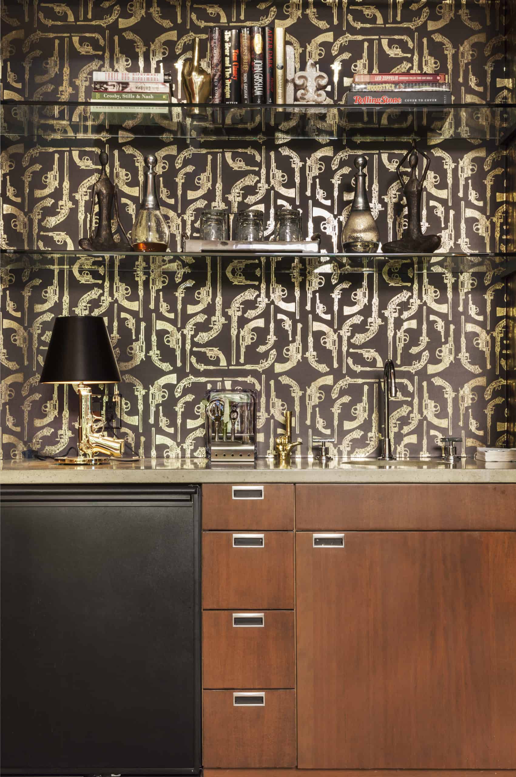 Western Home Bar Sideboard with gun wallpaper