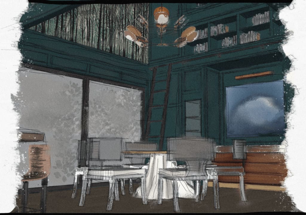 Rendering of green dining room with natural art and built in bookcases